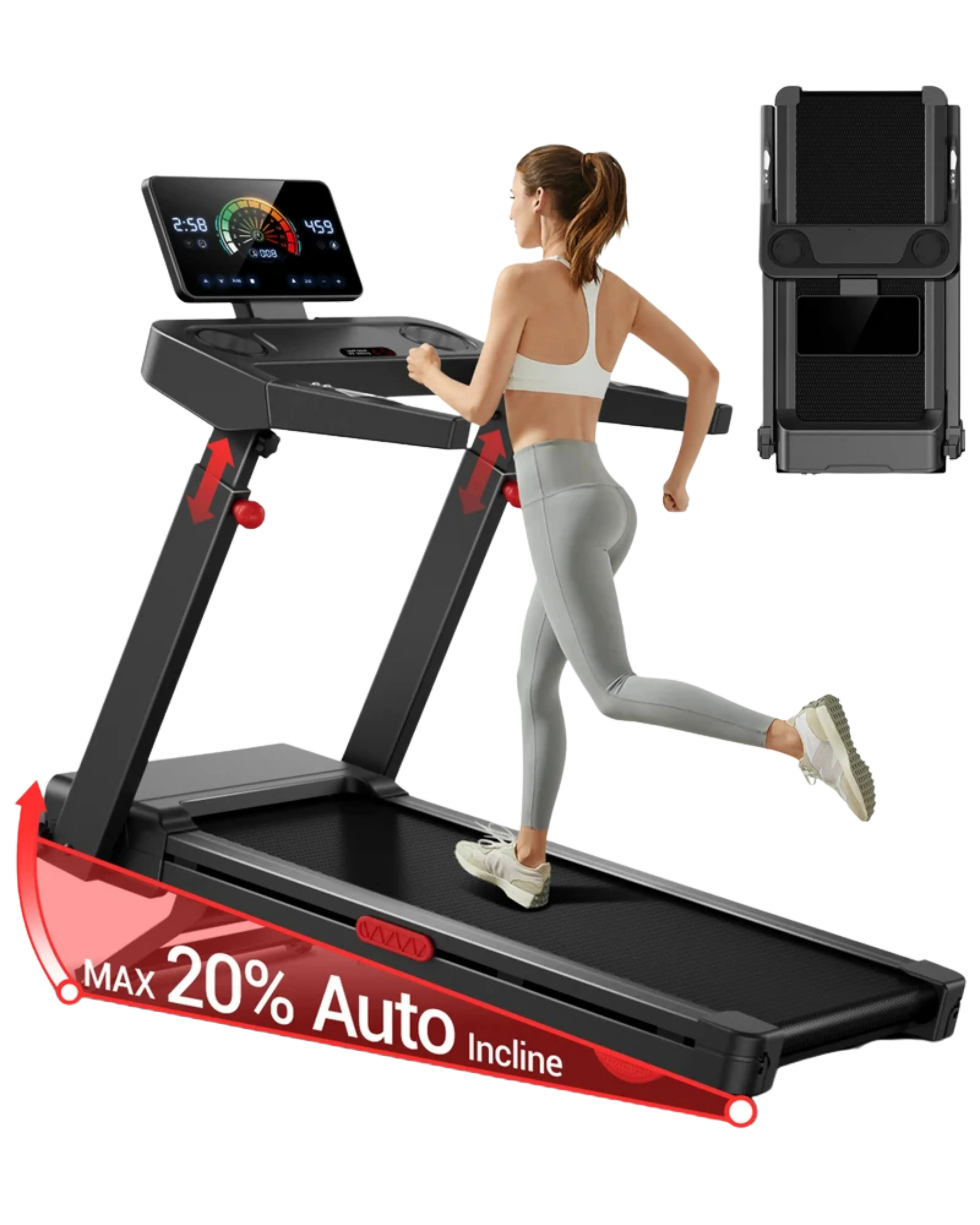 Woman running on a black foldable treadmill with a digital display and highlighted 20% auto incline.