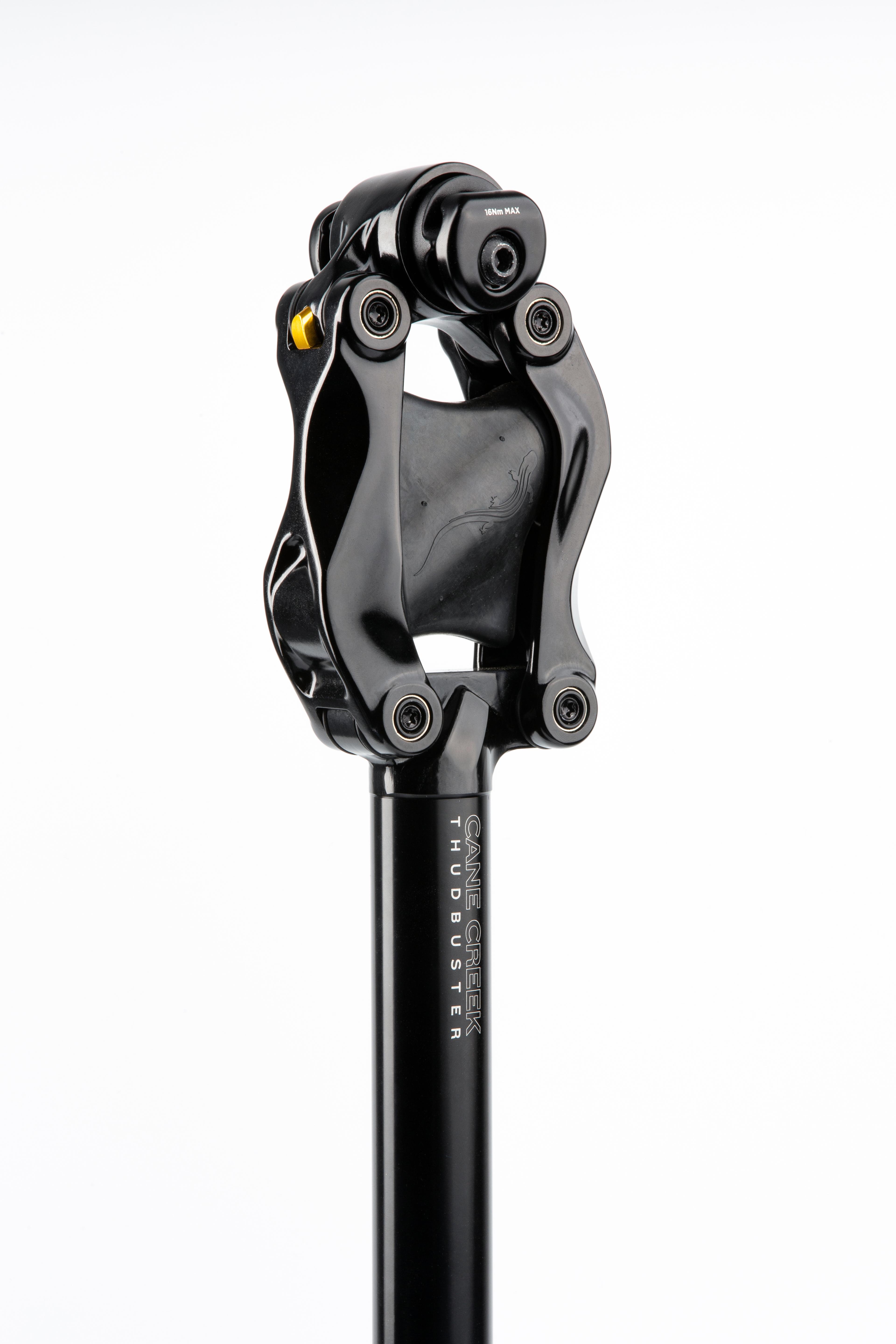 A black Cane Creek Thudbuster suspension seatpost.
