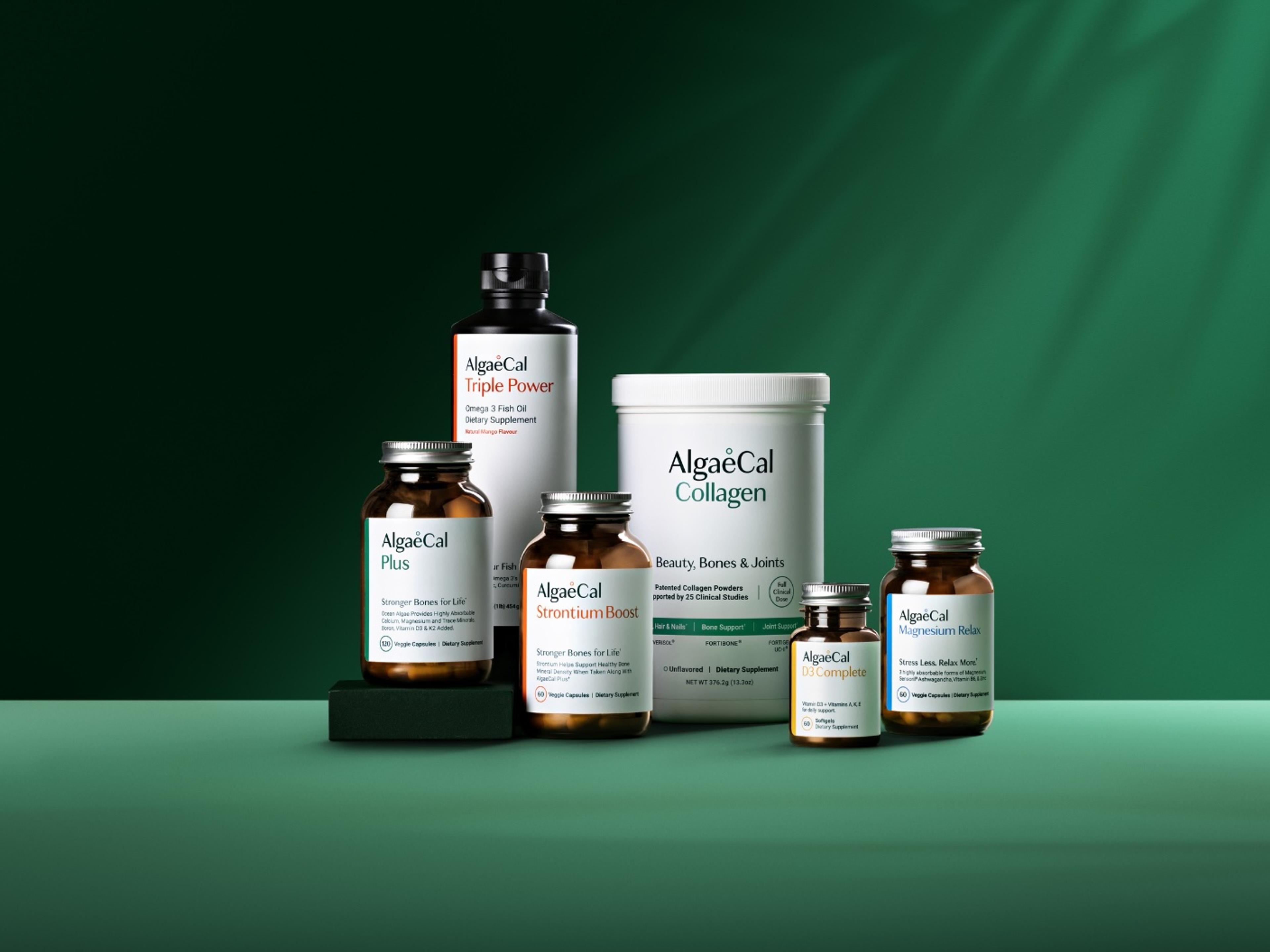 AlgaeCal supplements: Triple Power, Plus, StrontiumBoost, Collagen, D3 Complete, and Magnesium Relax, arranged on a green background.