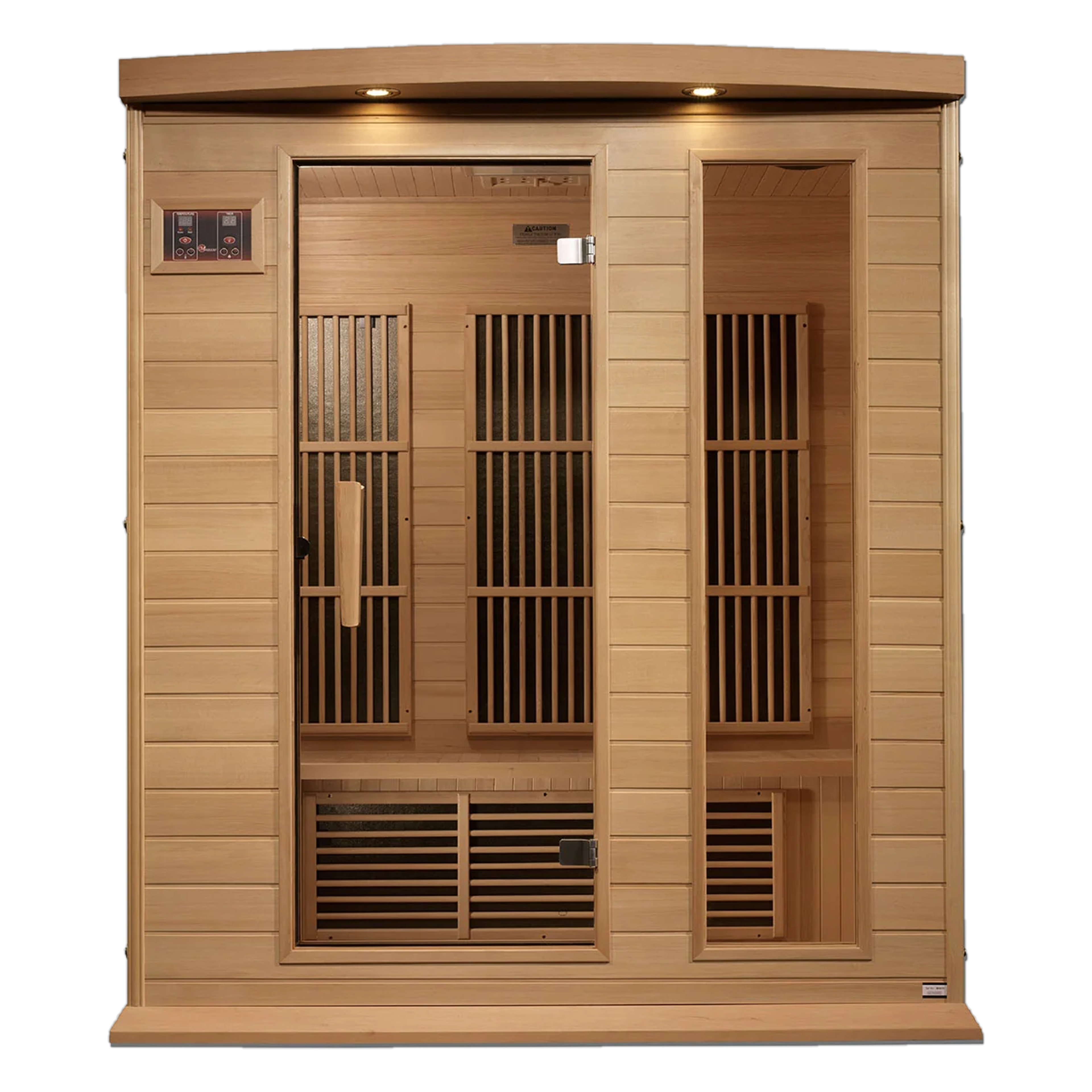 Light wood infrared sauna with a glass door, control panel, and ceiling lights.