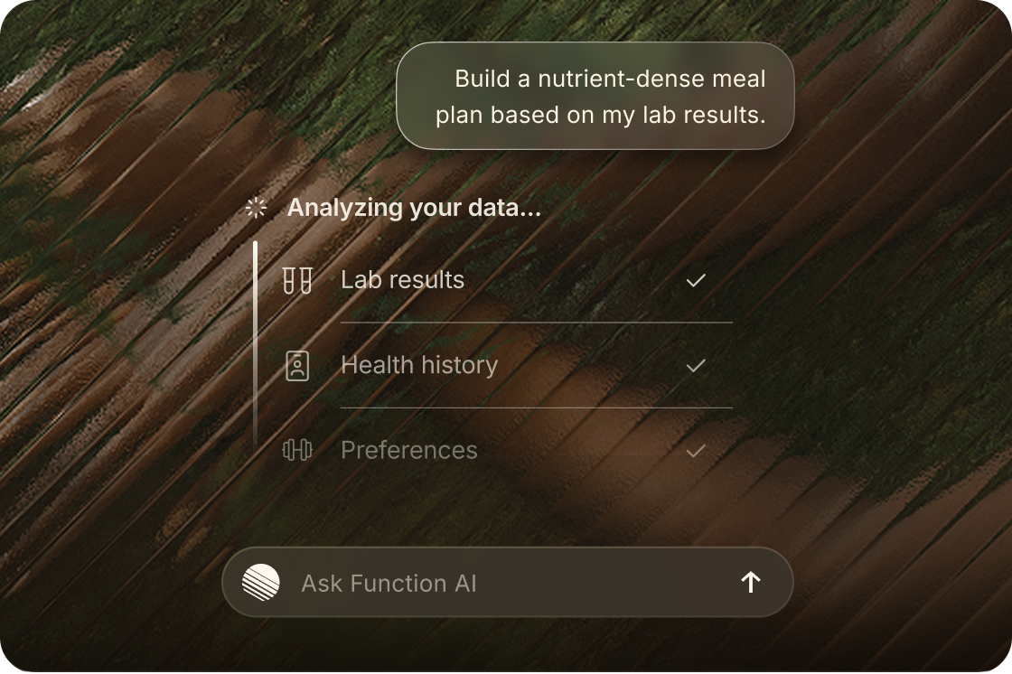 Function AI chat analyzing lab results, health history, and preferences to build a meal plan