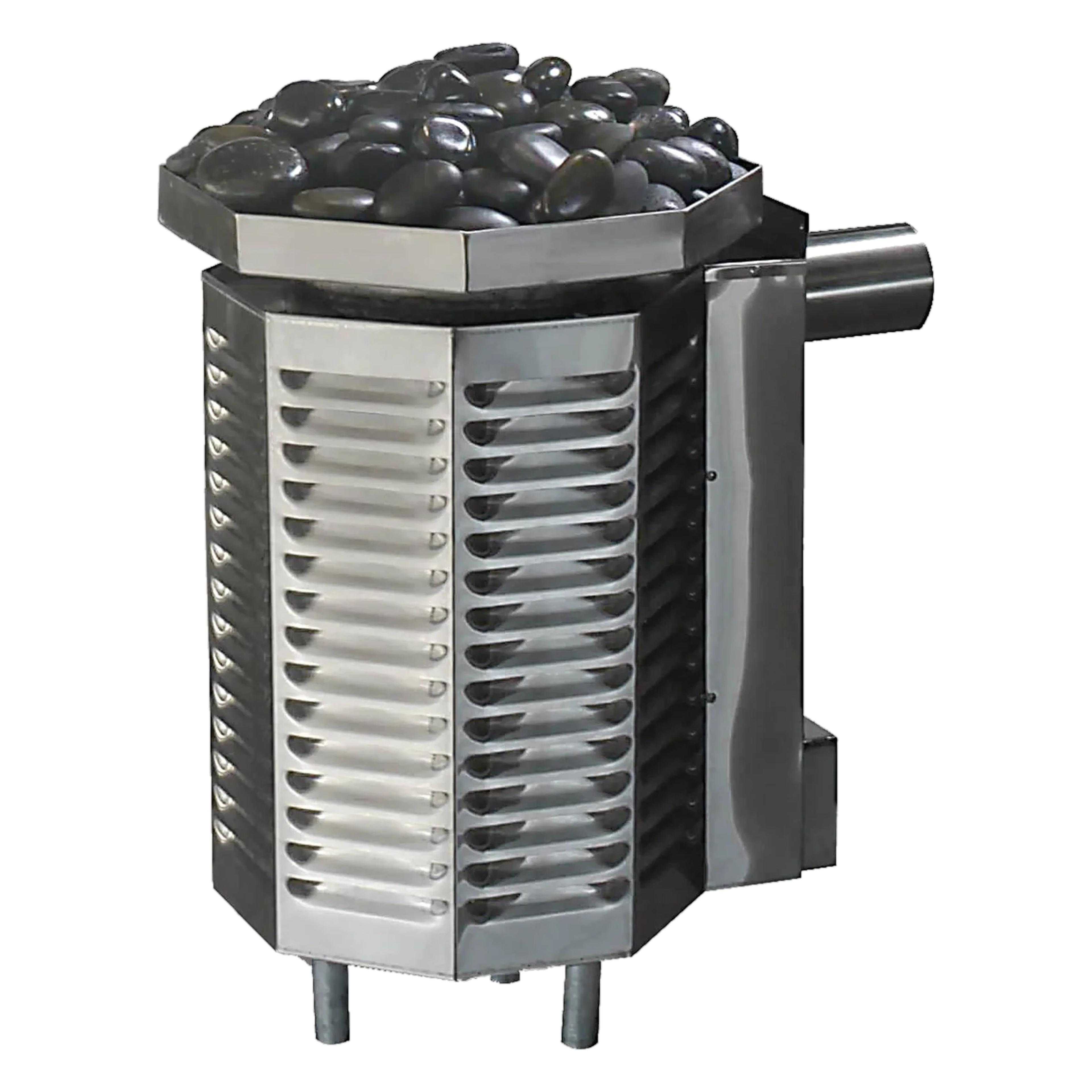 Stainless steel sauna heater with black stones on top, featuring a hexagonal design with vents and a side pipe.