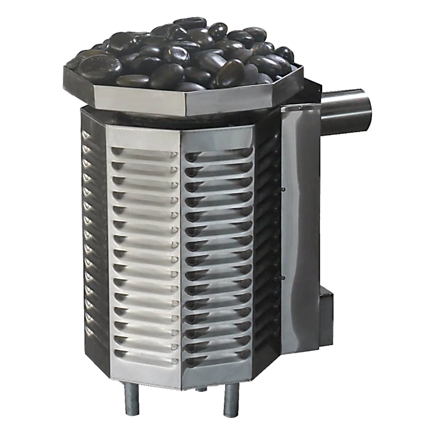 Stainless steel sauna heater with black stones on top, featuring a hexagonal design with vents and a side pipe.