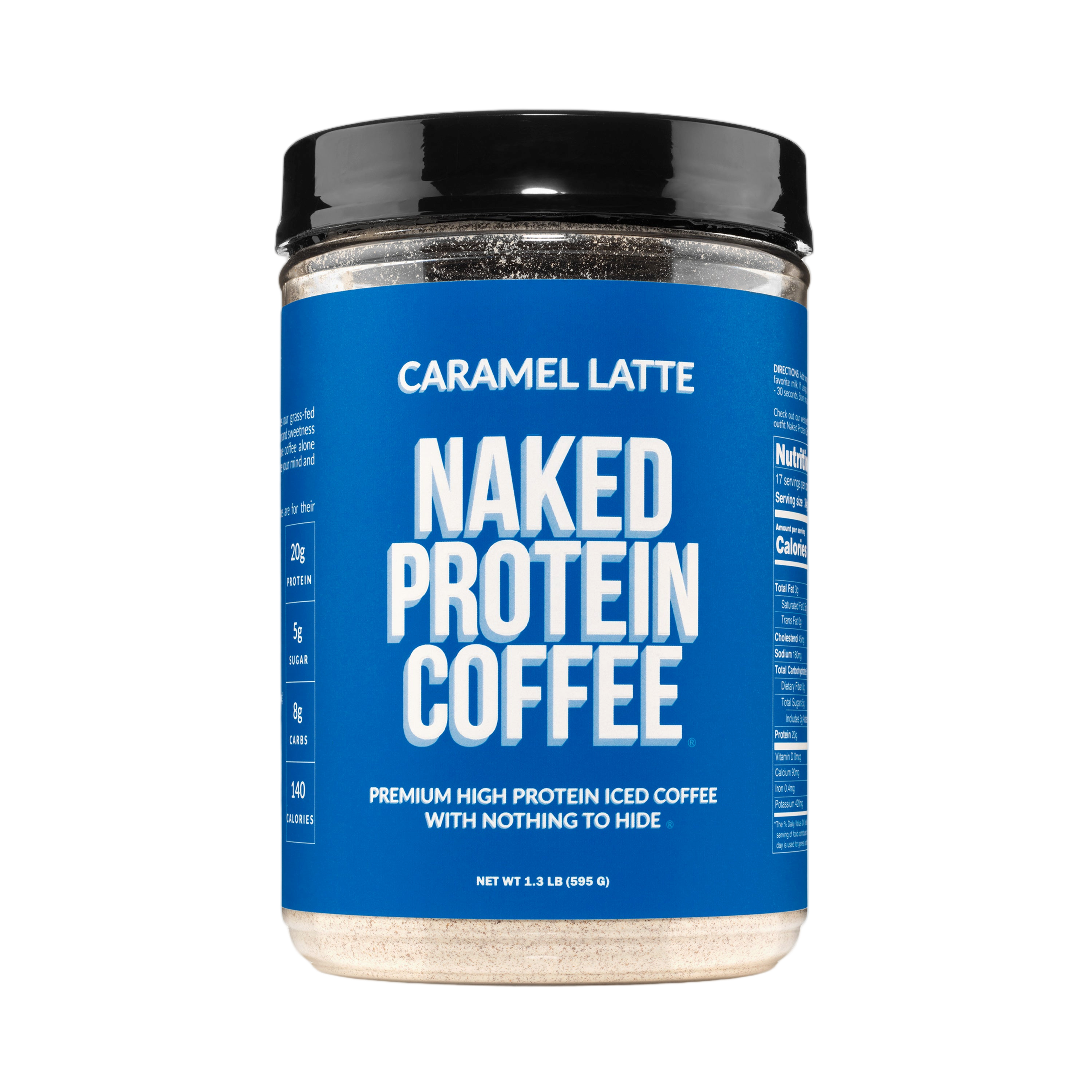 Naked Protein Coffee tub label listing gmo-free and gluten-free ingredients