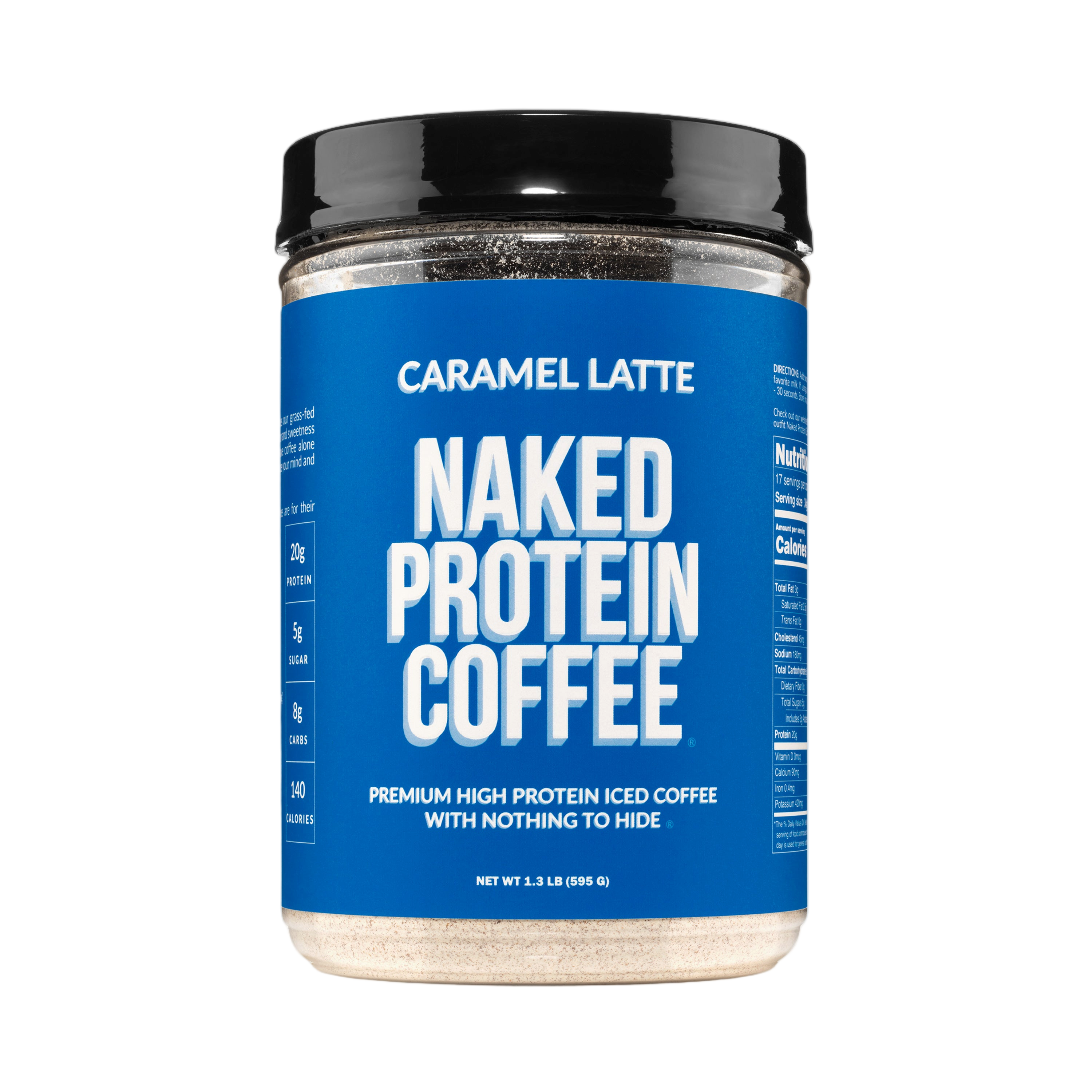 Naked Protein Coffee tub label listing gmo-free and gluten-free ingredients