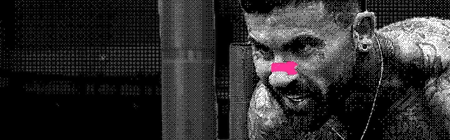 Desaturated image of a grimacing man with a pink Histrips nose strip.
