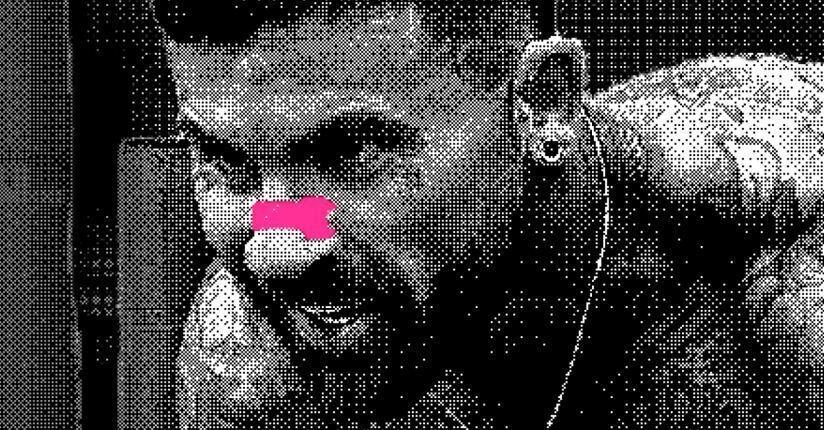 Desaturated image of a grimacing man with a pink Histrips nose strip.