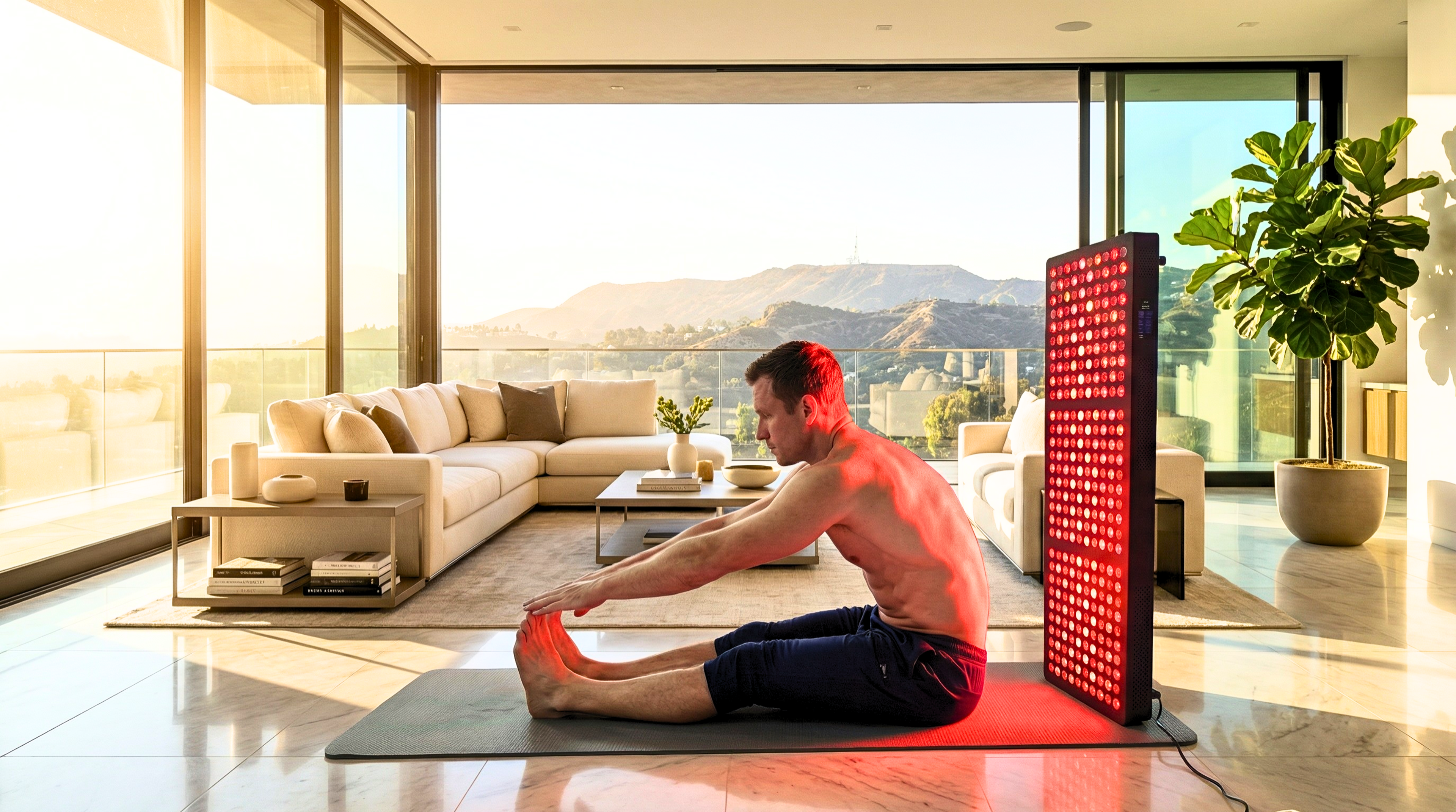 Man stretching on a yoga mat next to a red light therapy panel in a modern living room with a city view.