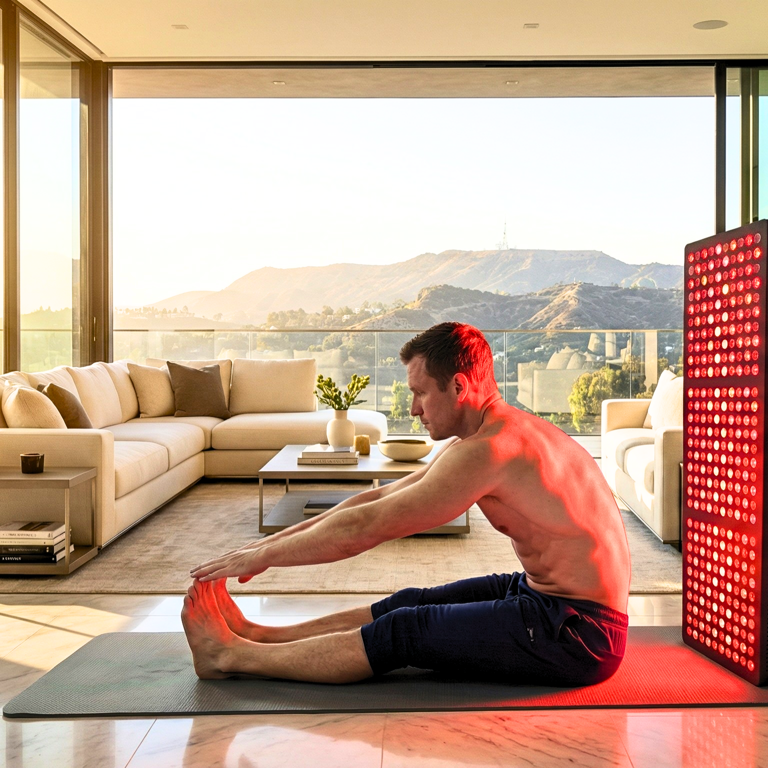Man stretching on a yoga mat next to a red light therapy panel in a modern living room with a city view.