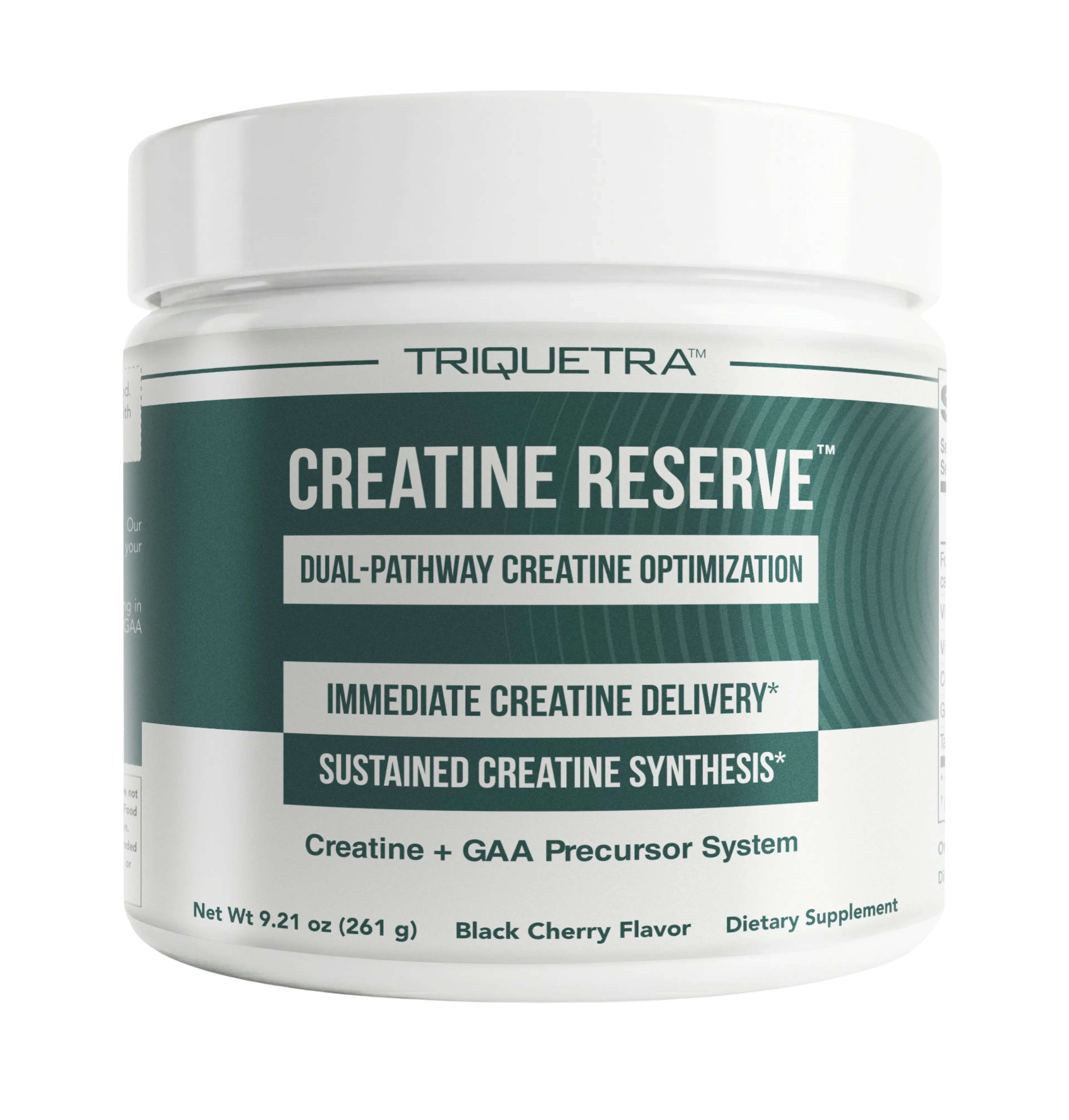 White tub of Triquetra Creatine Reserve Black Cherry Flavor dietary supplement.