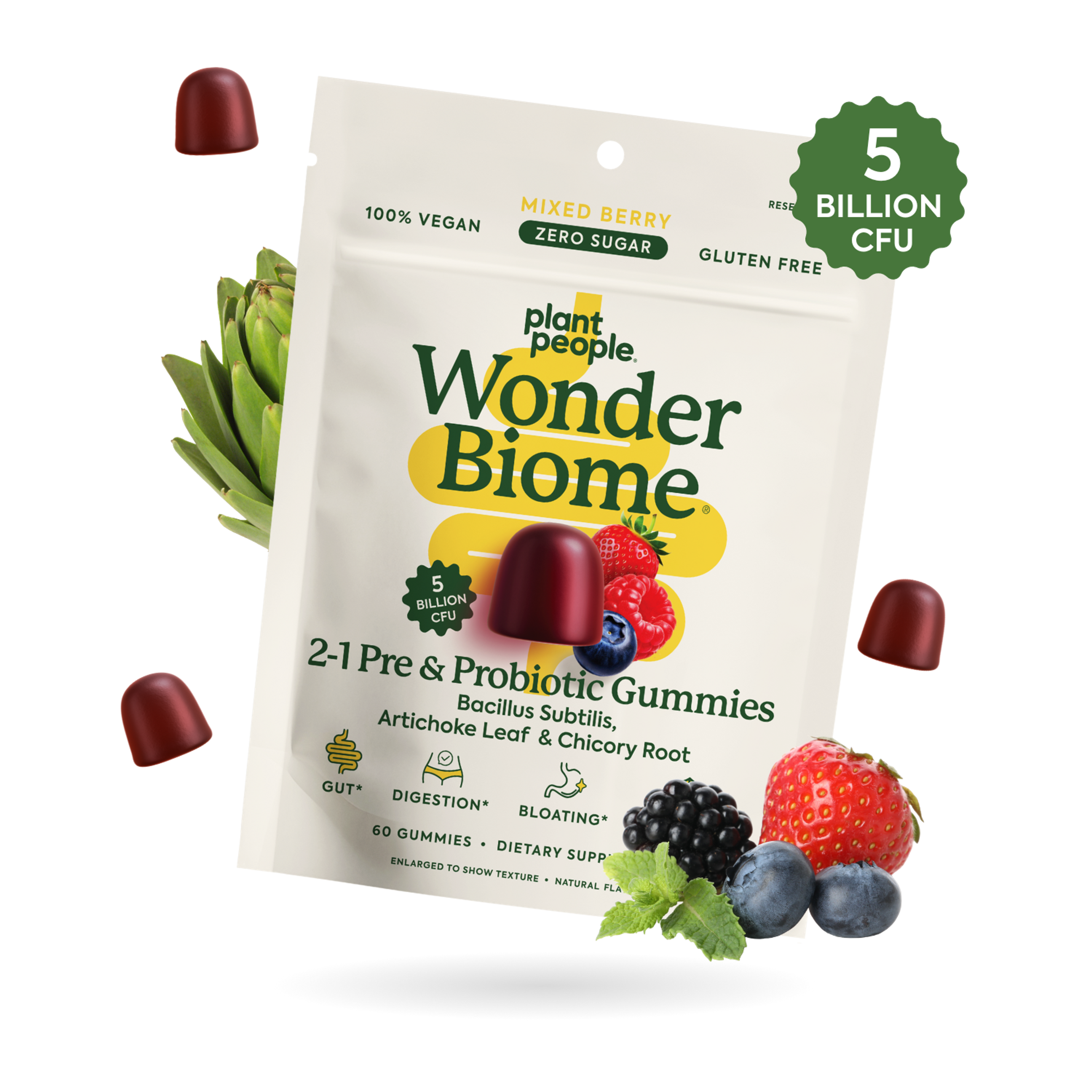 Wonder Biome gummies with floating ingredient illustrations