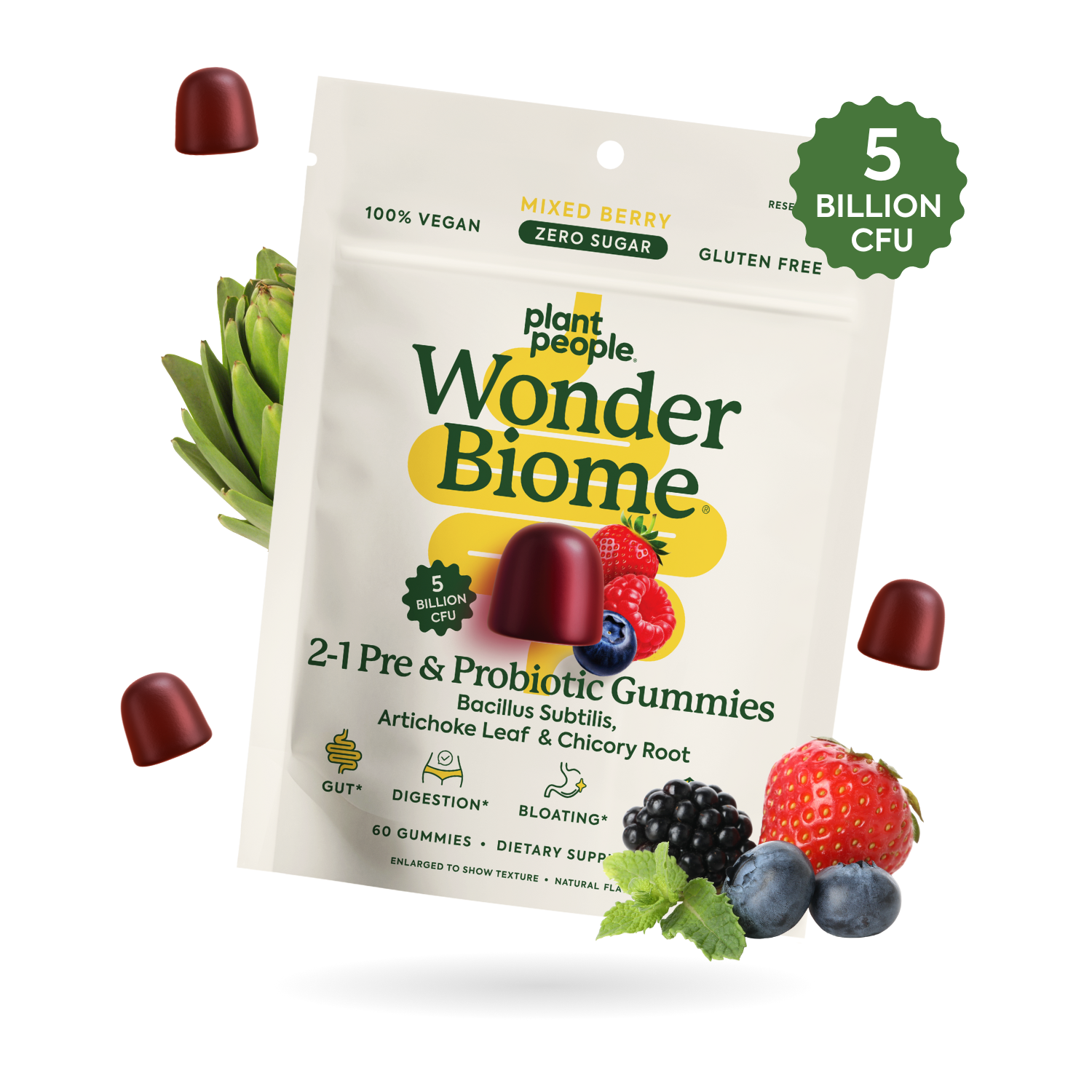 Wonder Biome gummies with floating ingredient illustrations