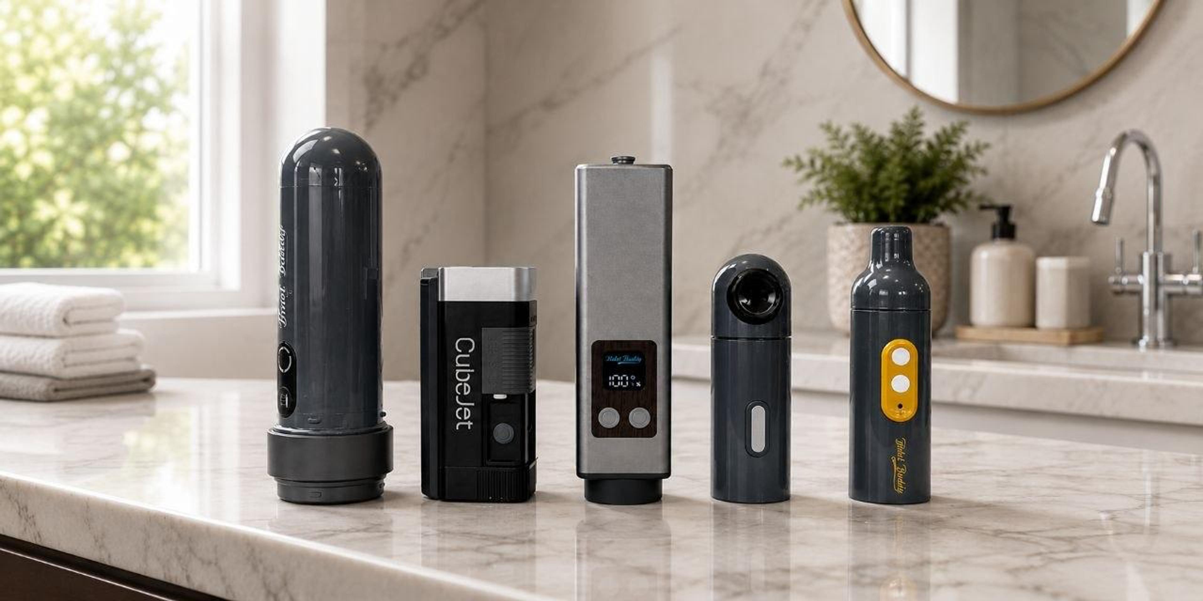Five portable personal care devices, including CubeJet and Happy Head products, on a bathroom counter.