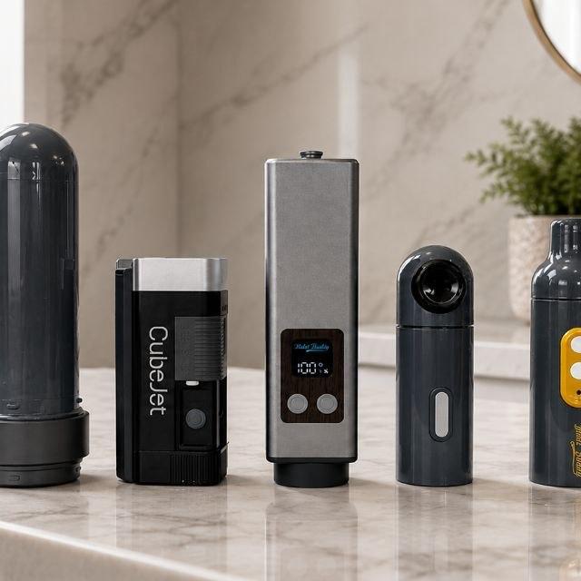Five portable personal care devices, including CubeJet and Happy Head products, on a bathroom counter.