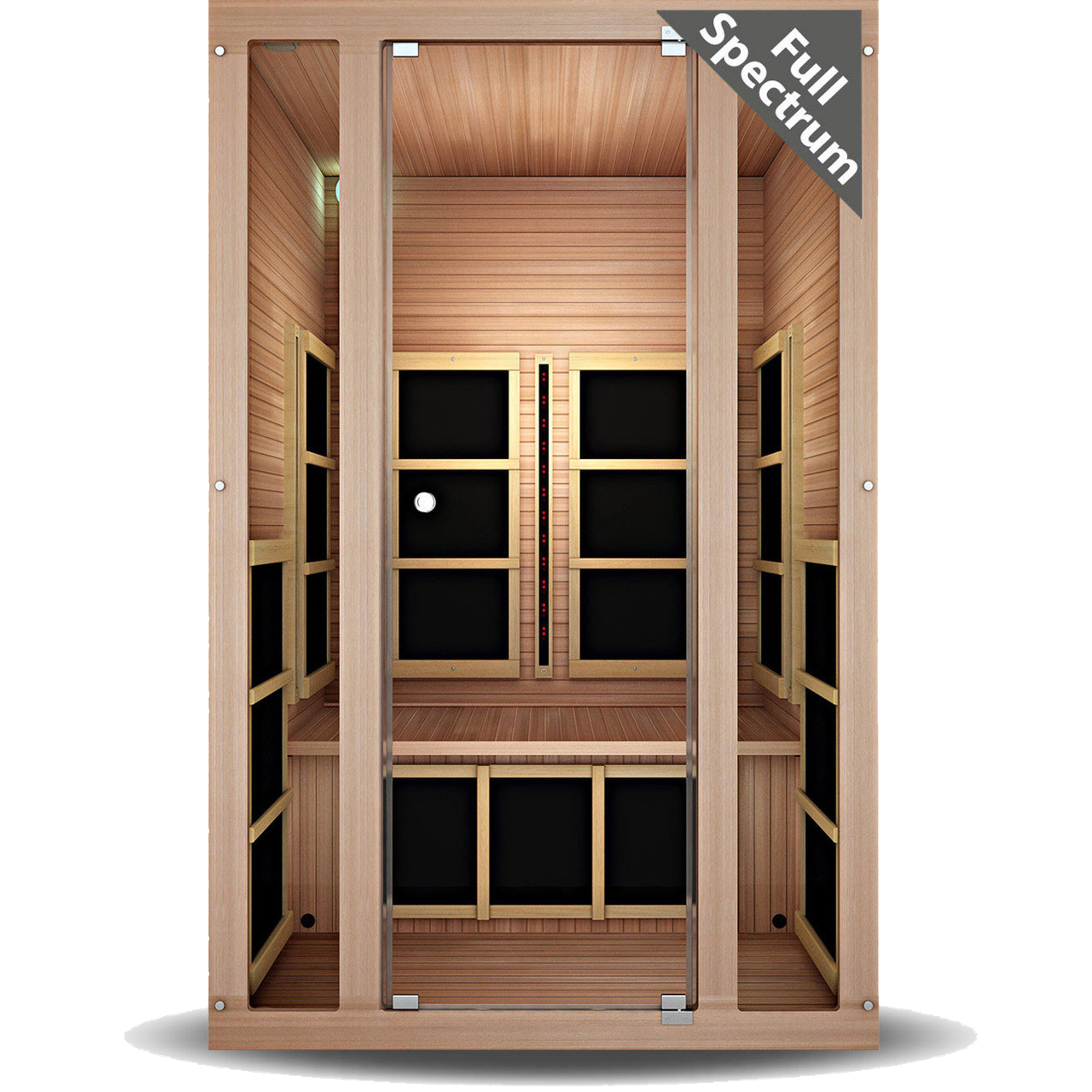 A wooden full spectrum infrared sauna with a glass door, showing the interior with black heating panels.