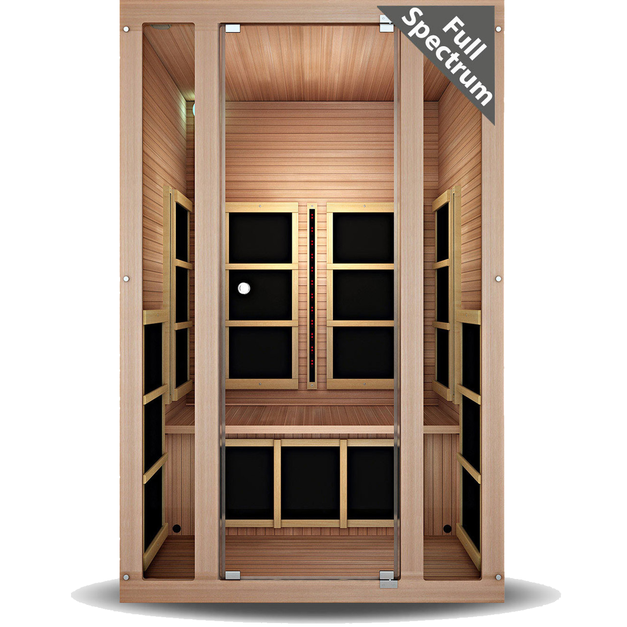 A wooden full spectrum infrared sauna with a glass door, showing the interior with black heating panels.