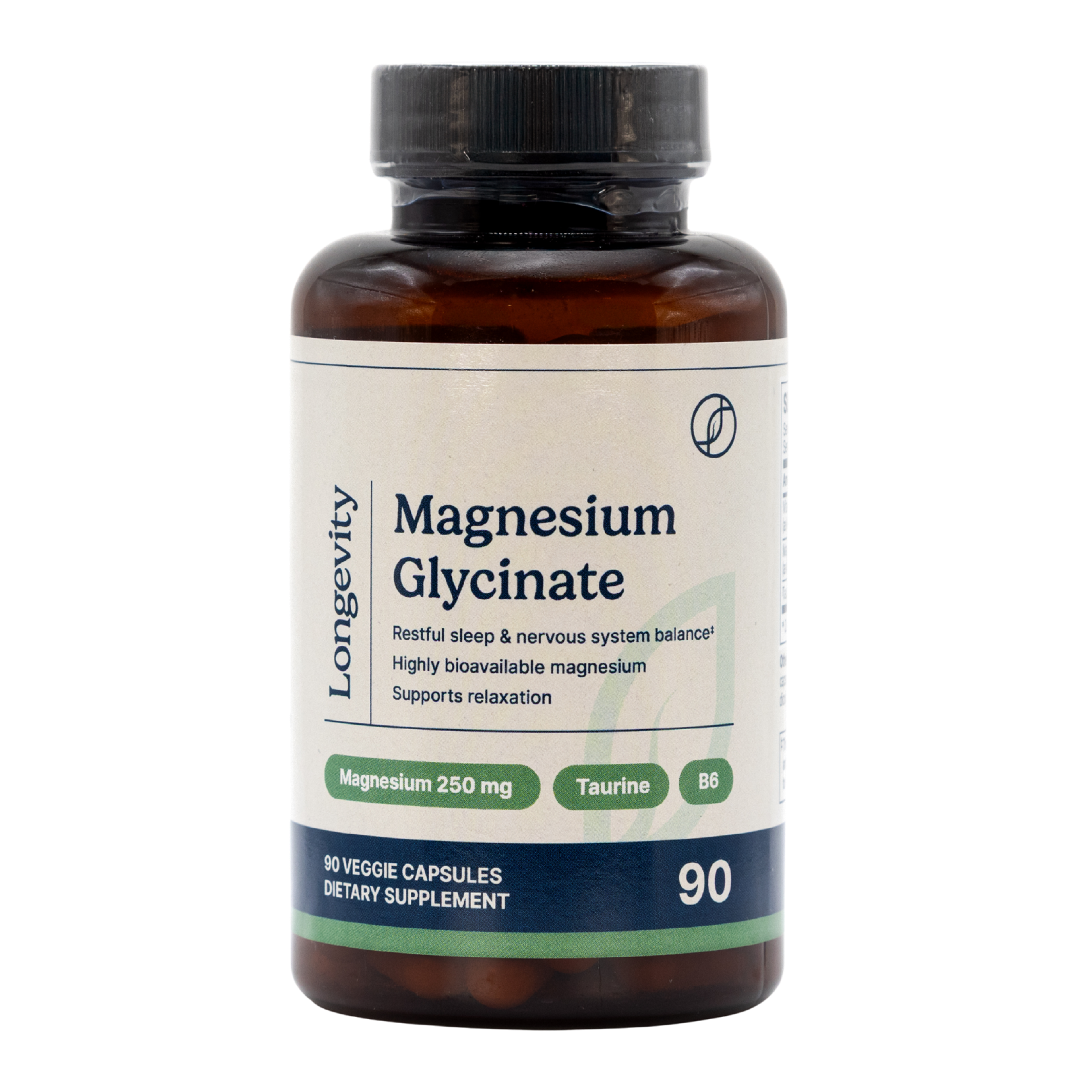 Longevity Magnesium Glycinate 250 mg dietary supplement bottle with 90 veggie capsules.