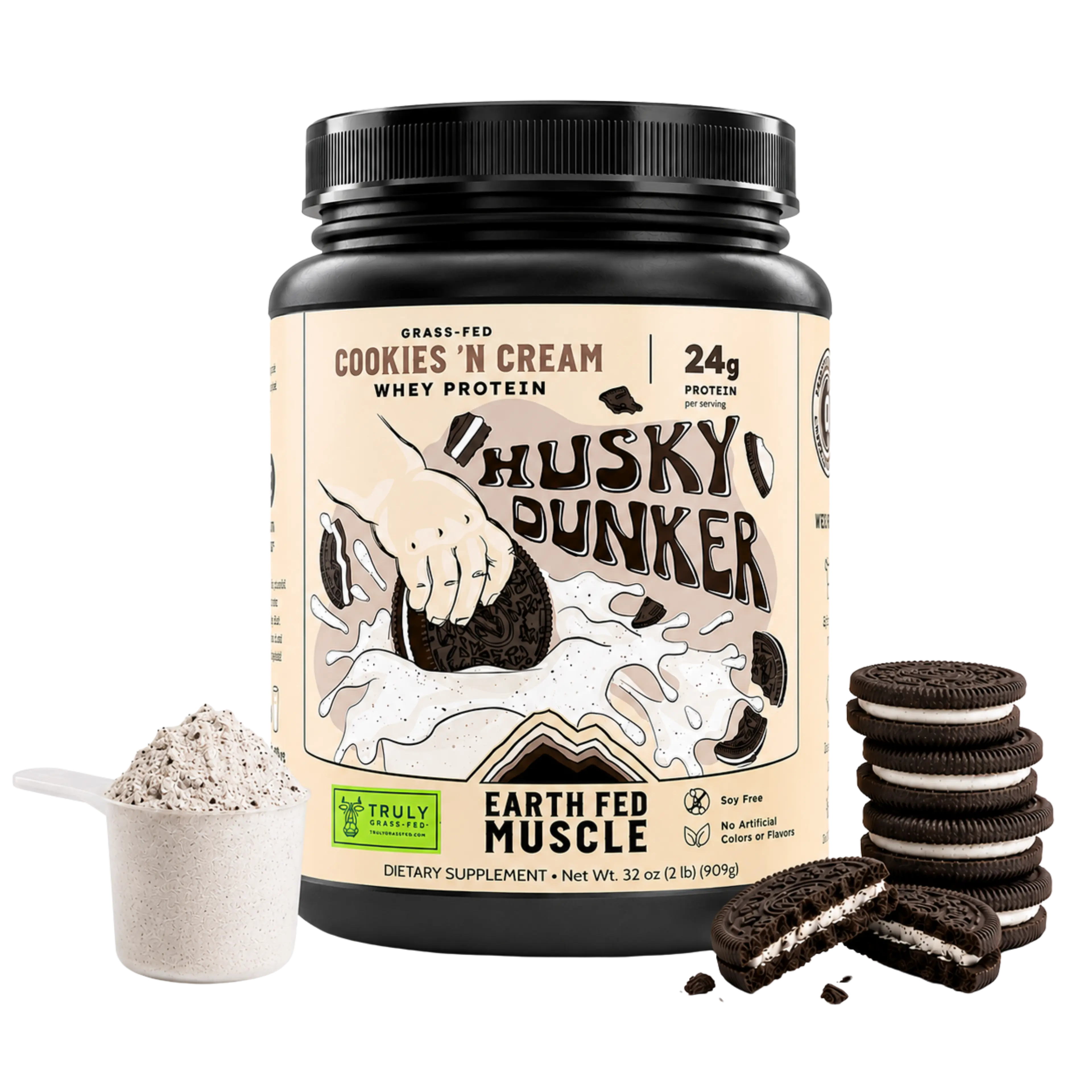 Tub of Husky Dunker Cookies 'n Cream whey protein, 2 lb size