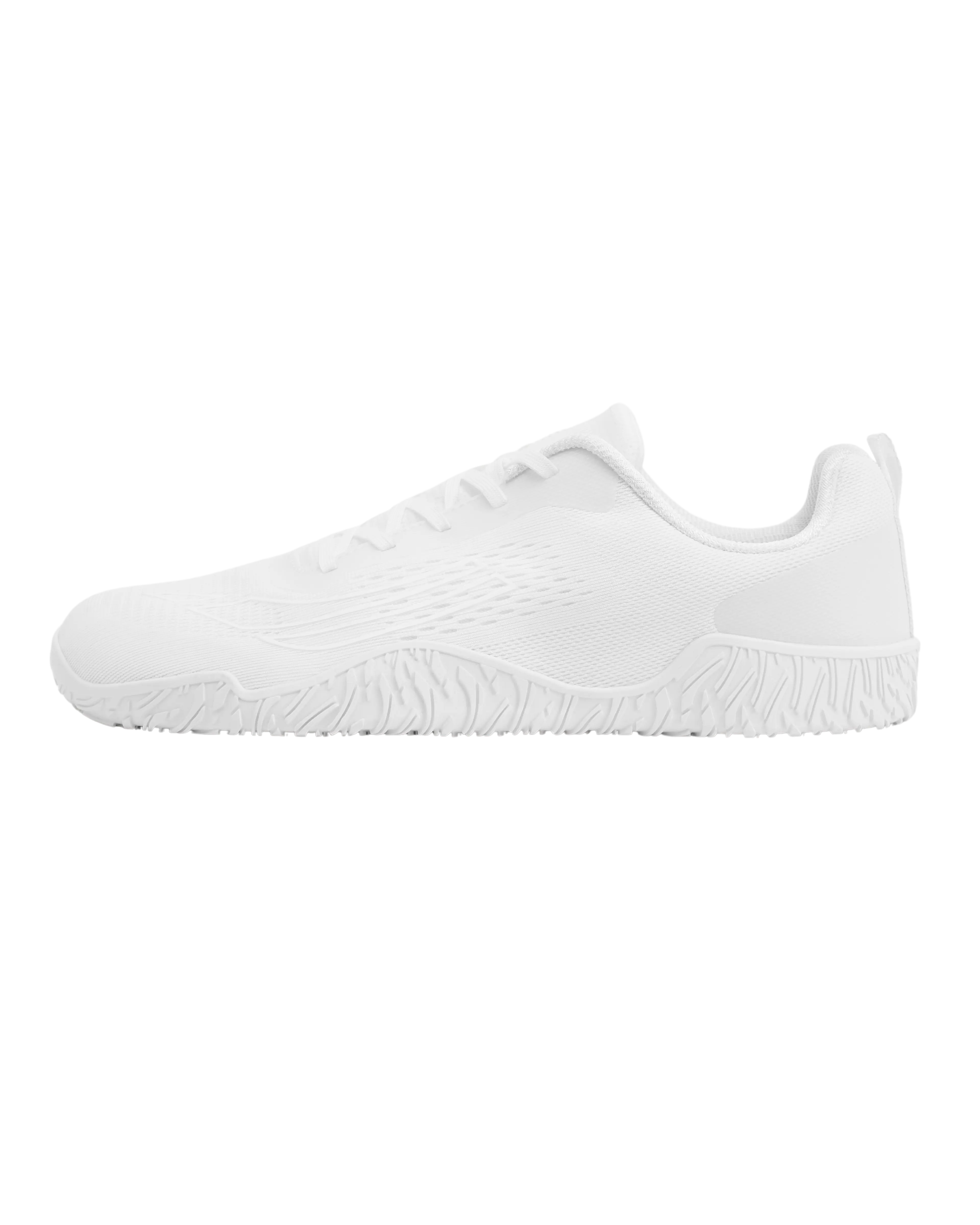 A white athletic shoe with a textured sole.