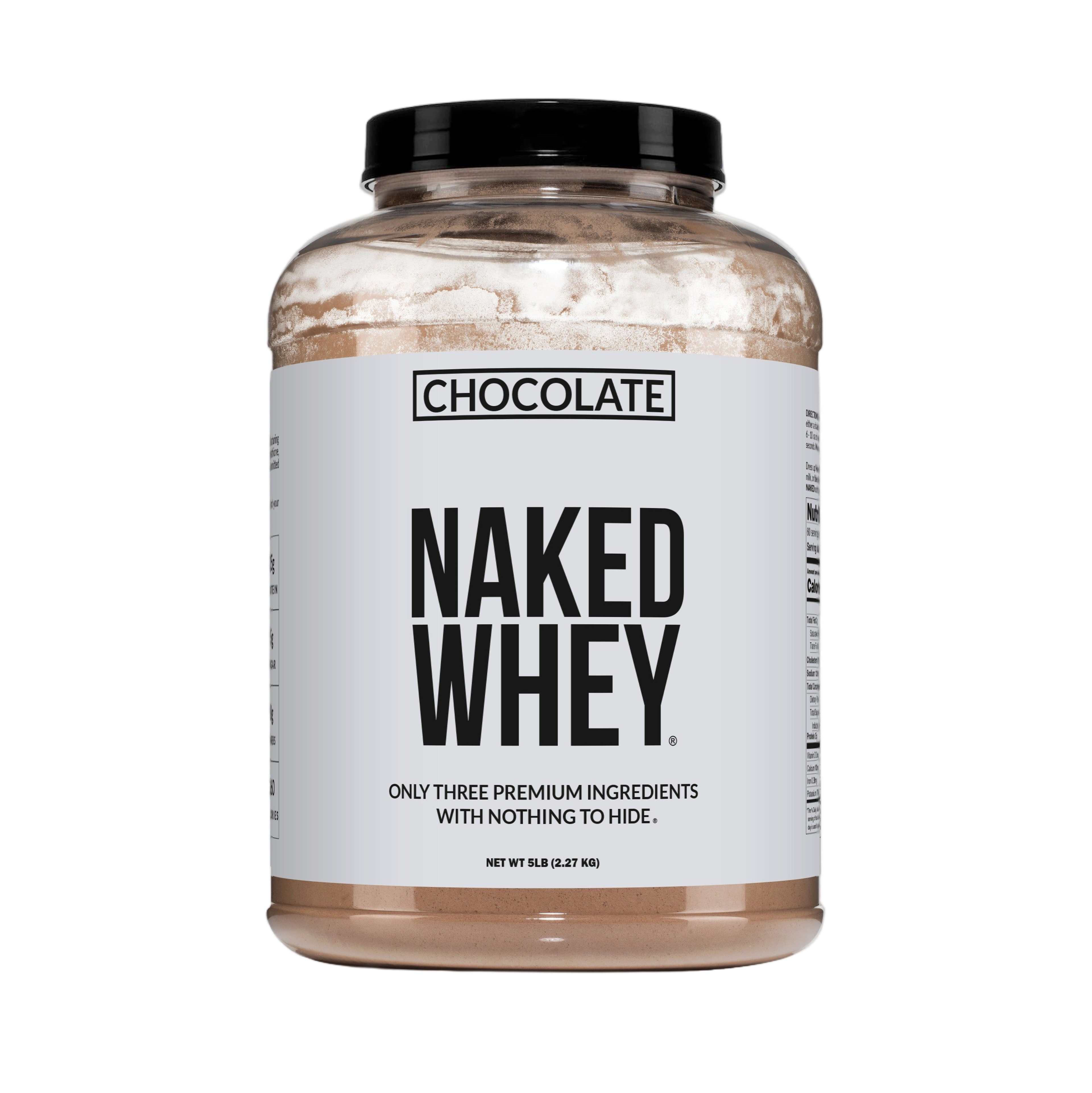 Container of chocolate whey protein powder isolate