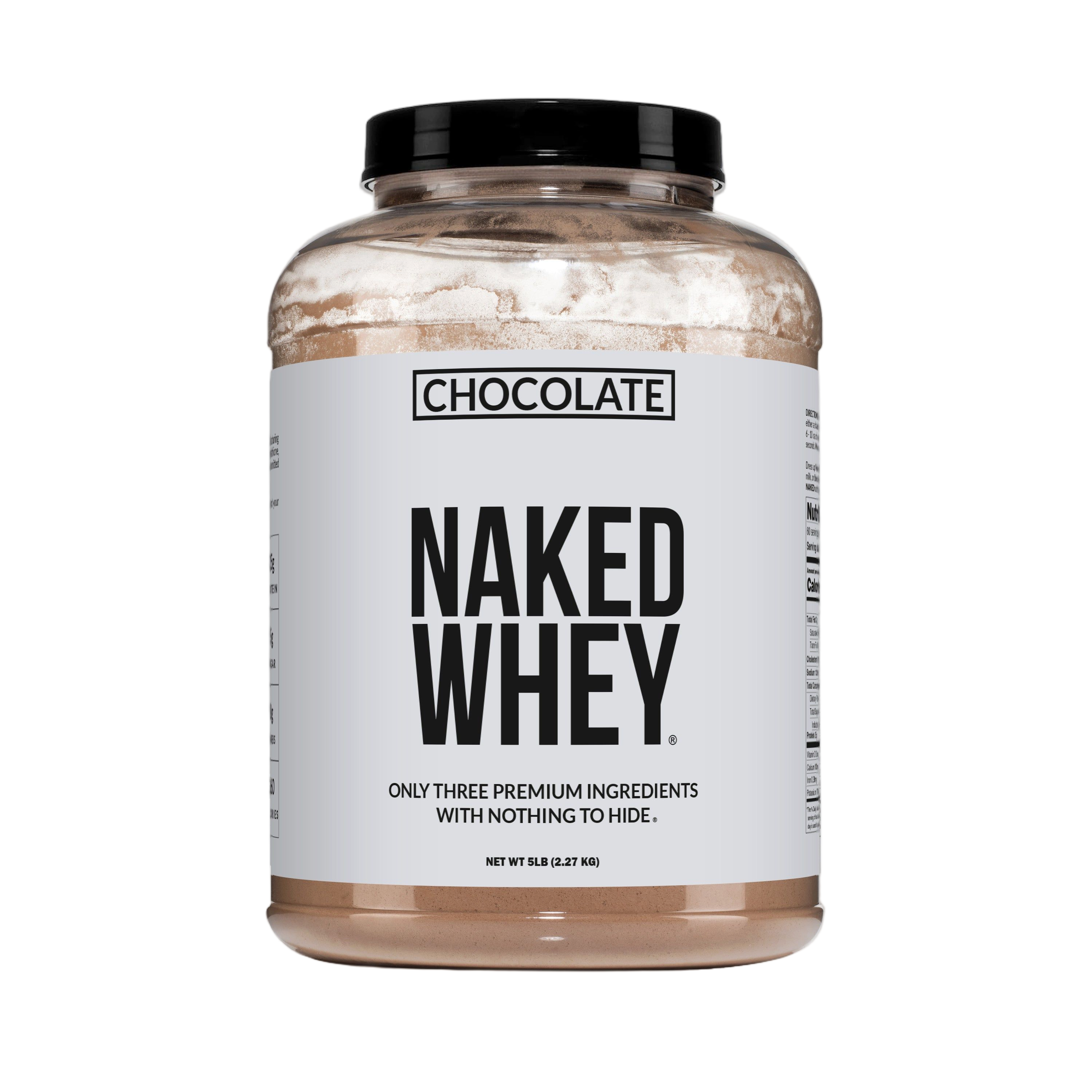 Container of chocolate whey protein powder isolate
