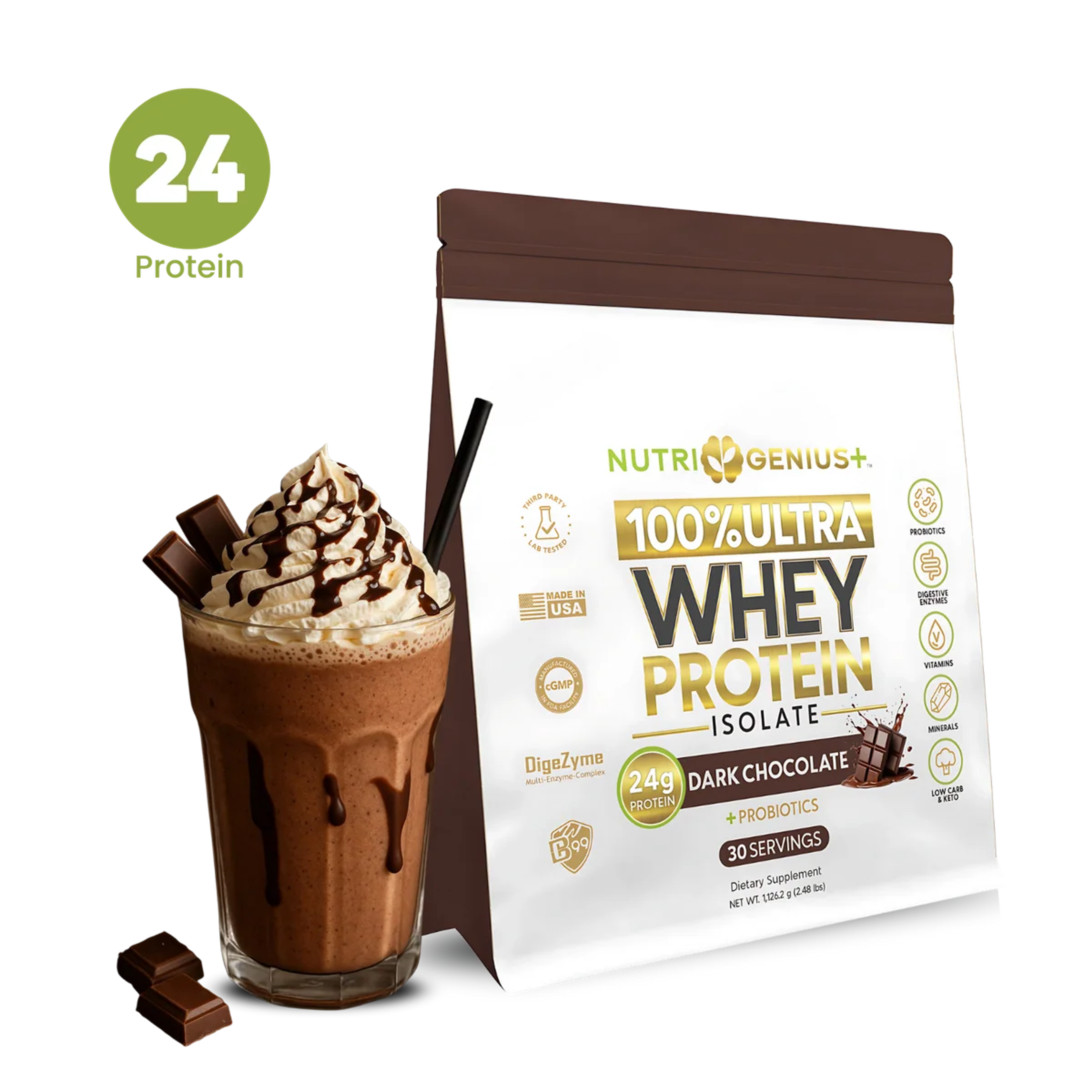 Product image for Whey Protein Isolate Nutri Genius Plus - Chocolate 30 servings in Dark Chocolate