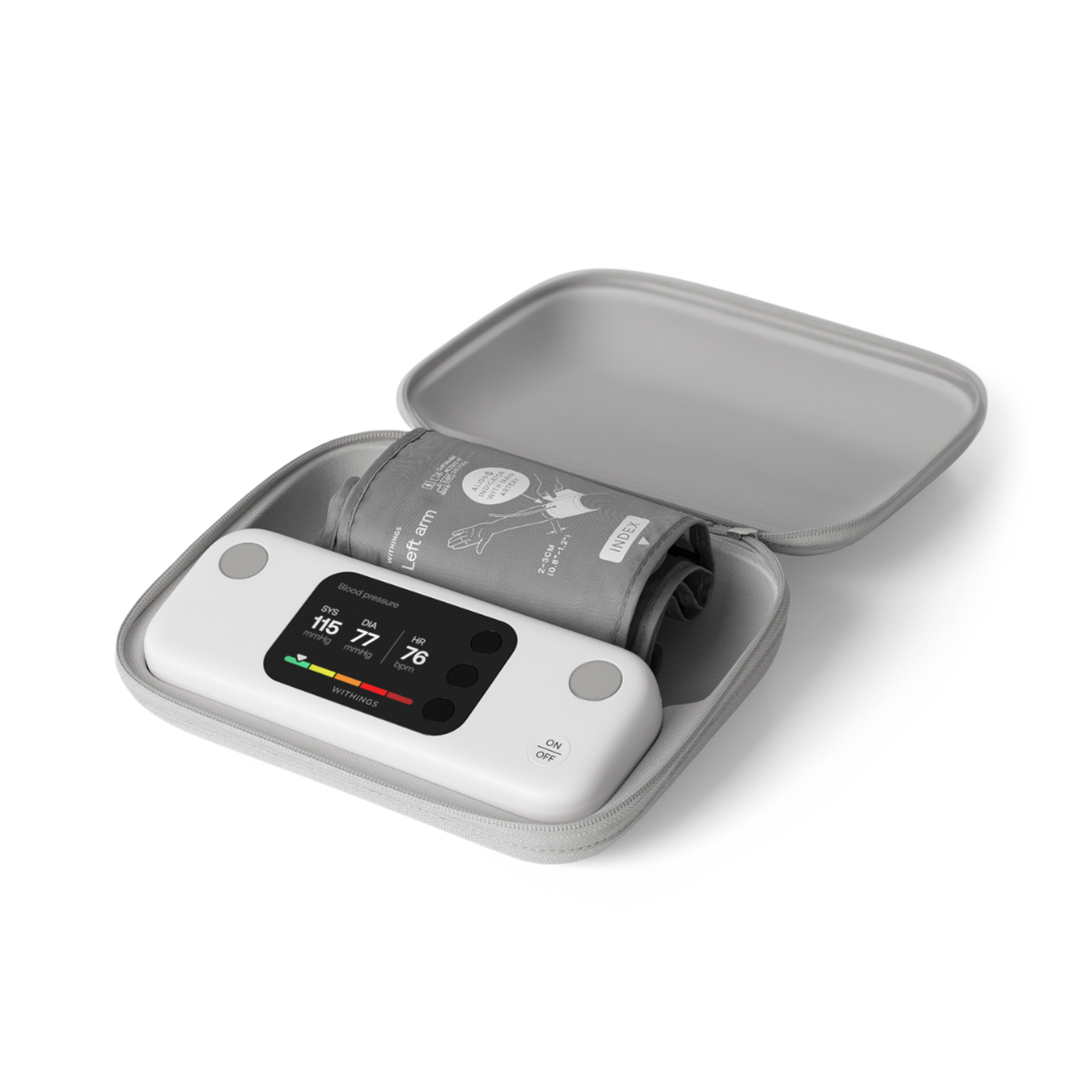A white Withings blood pressure monitor with its cuff, displaying blood pressure and heart rate, accompanied by a smartphone showing its health tracking app.