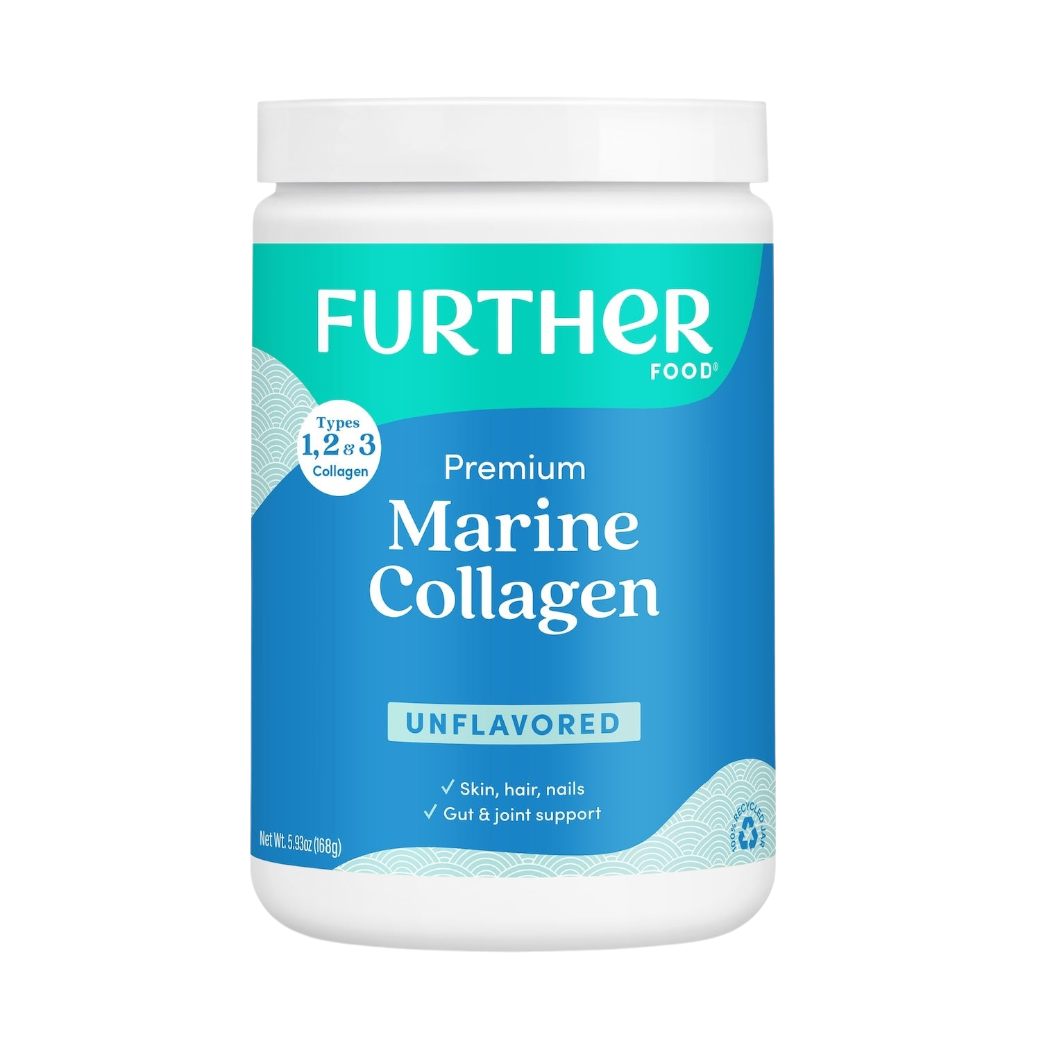 White jar of FURTHER FOOD Premium Marine Collagen, Unflavored, for skin, hair, nails, gut, and joint support.