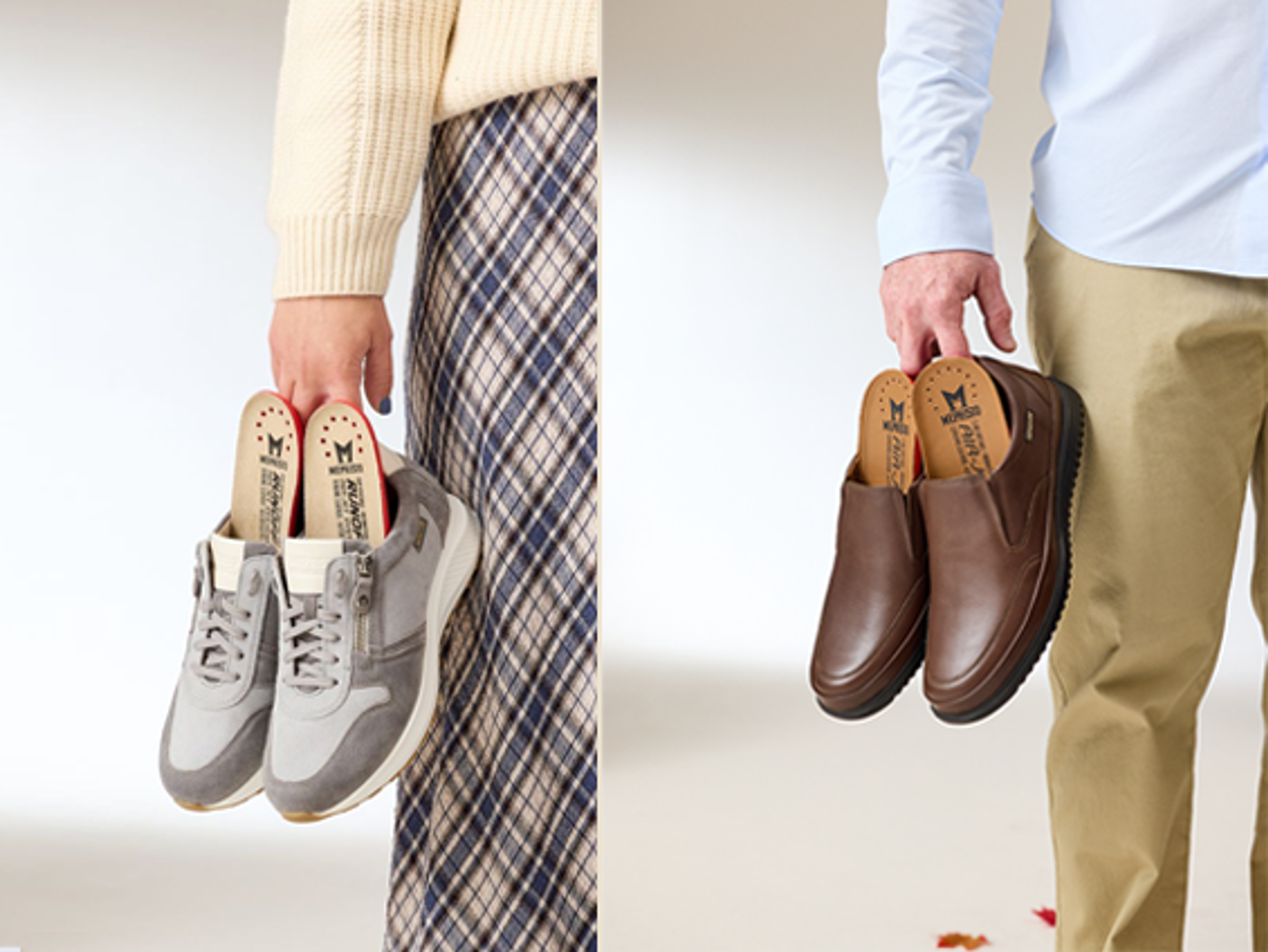 Two people hold a pair of grey sneakers and a pair of brown slip-on shoes, both showcasing Mephisto Air-Relax insoles.