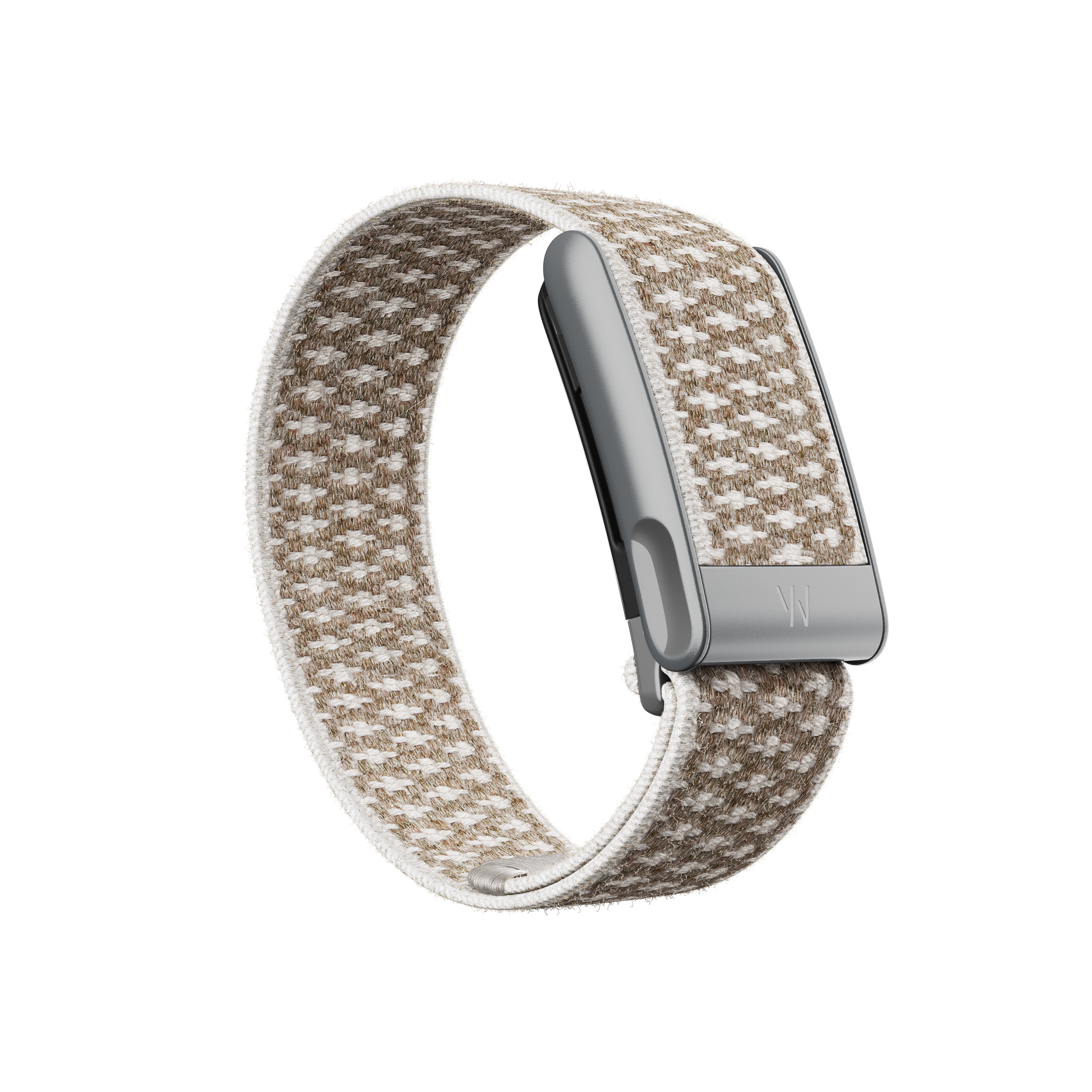 WHOOP 5.0 MG in the Haze CloudKnit strap, in woven beige.
