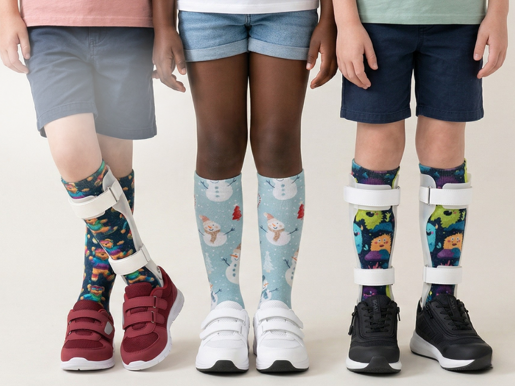 Three children's legs, two wearing white leg braces over colorful socks, one in snowman socks, all with sneakers.
