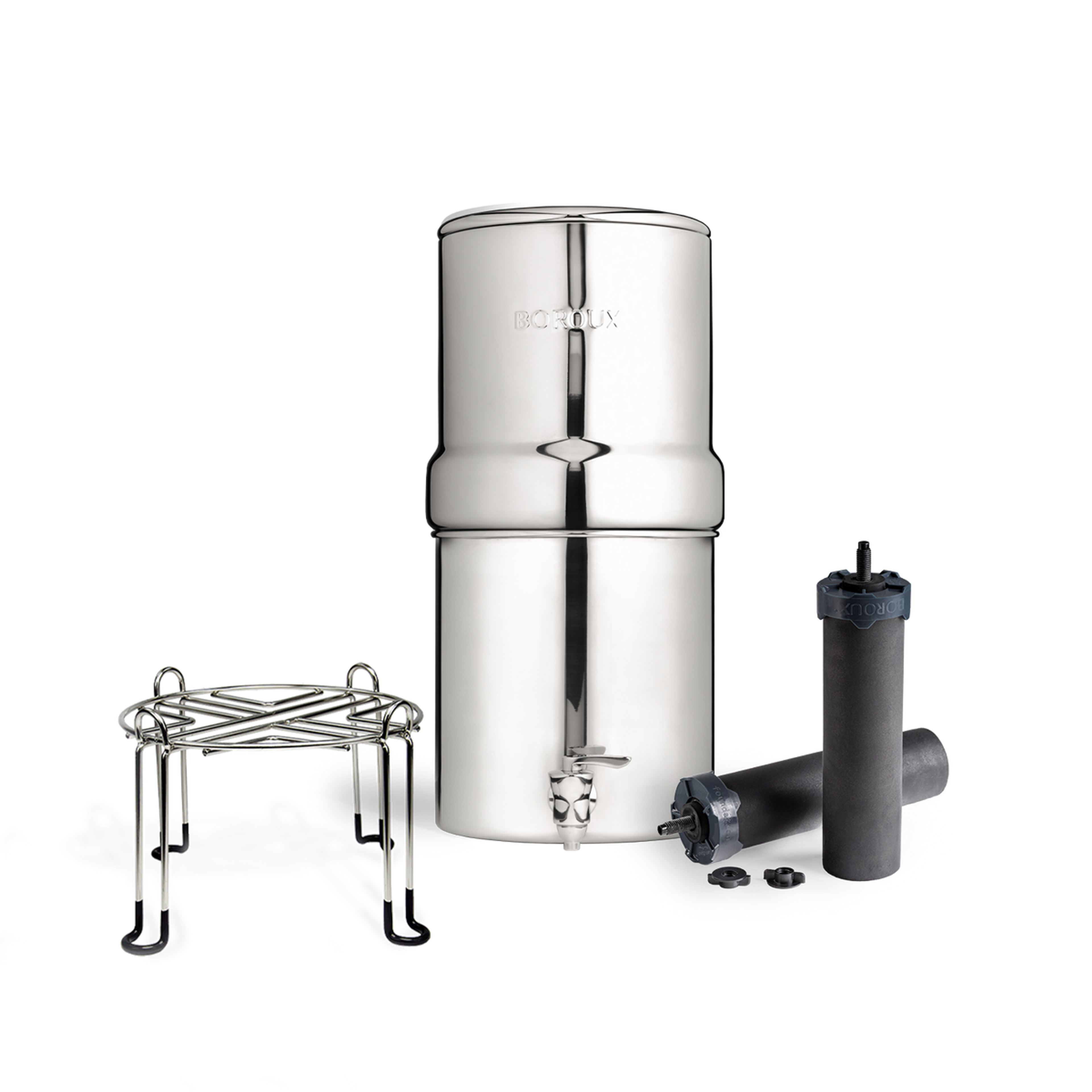 Stainless steel BOROUX Legacy Compact water filter on a stand