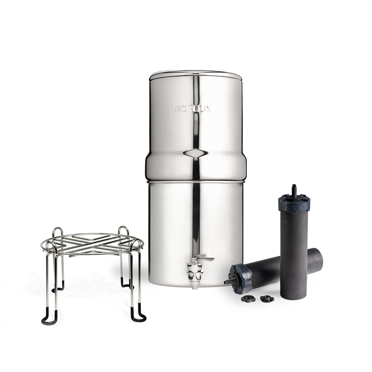 Stainless steel BOROUX Legacy Compact water filter on a stand
