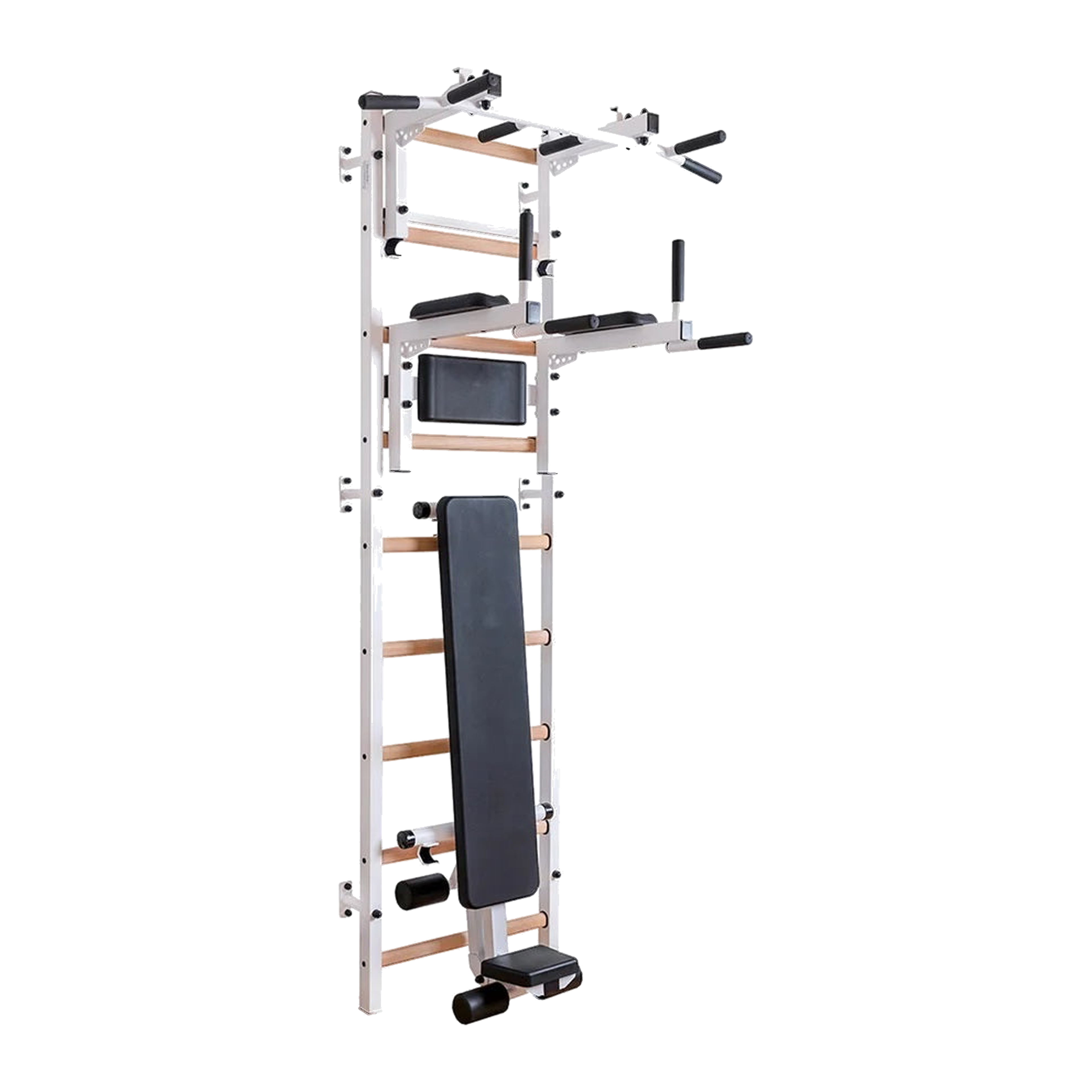 White BenchK 733W stall bar mounted on wall with bench and dip bar