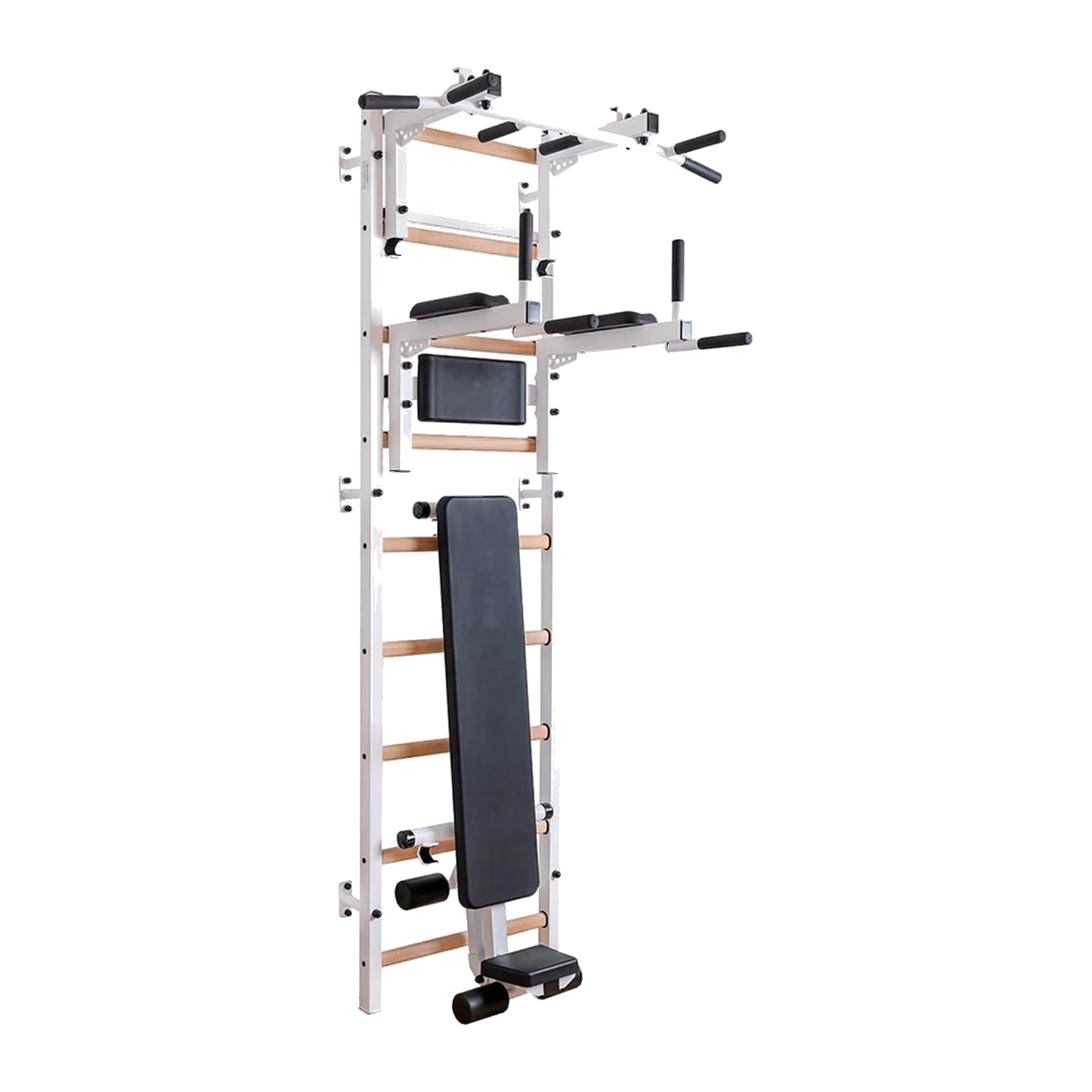 White BenchK 733W stall bar mounted on wall with bench and dip bar