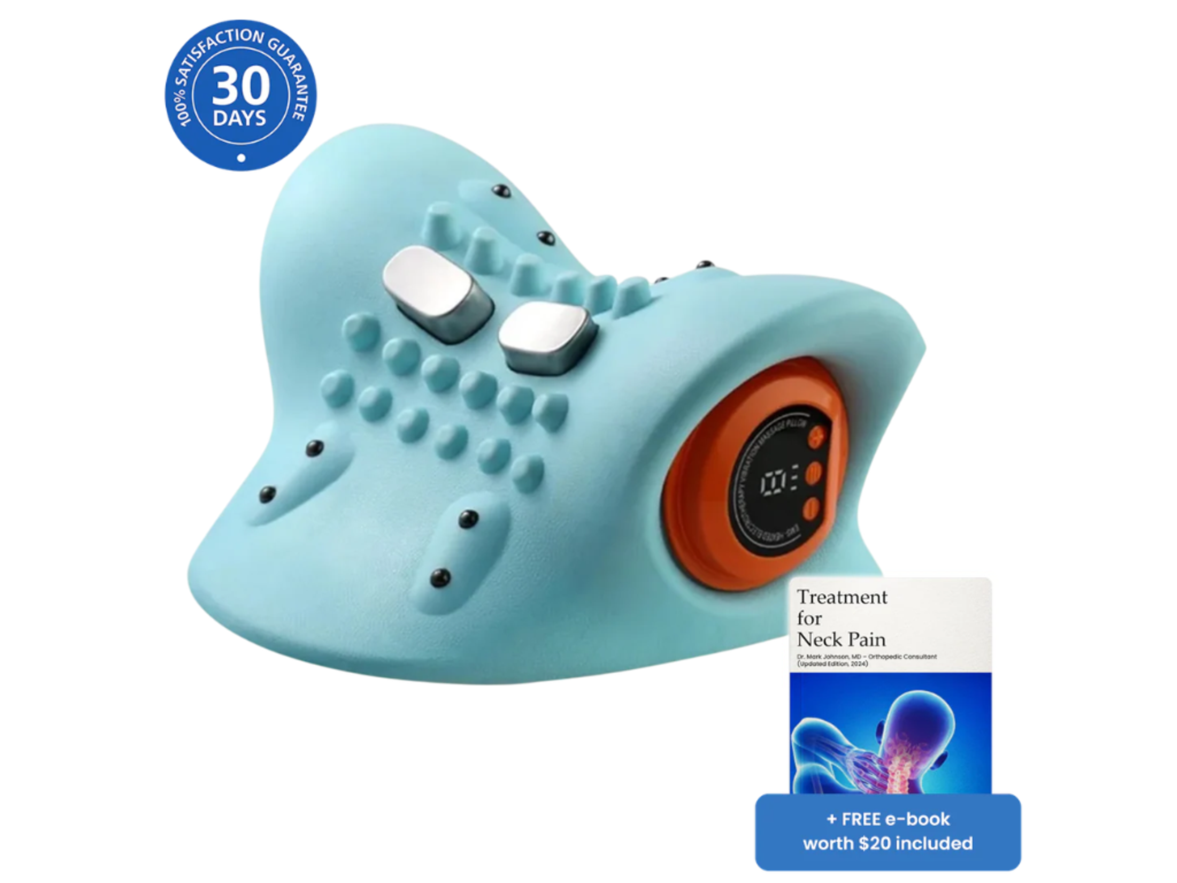 A light blue neck pain relief device with silver pads, a digital display, a 30-day satisfaction guarantee seal, and a free e-book for neck pain.