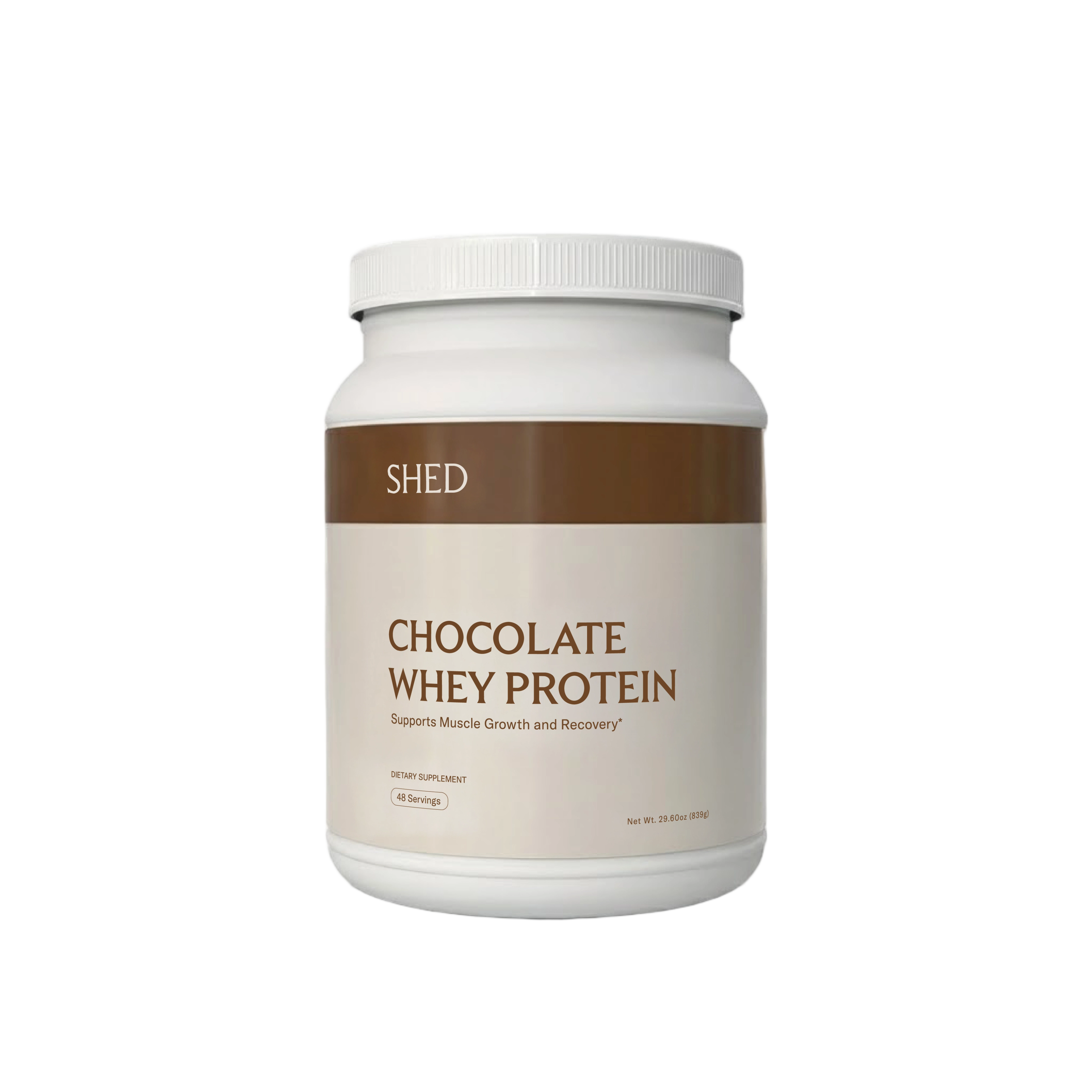 Container of Shed Whey Chocolate Protein powder