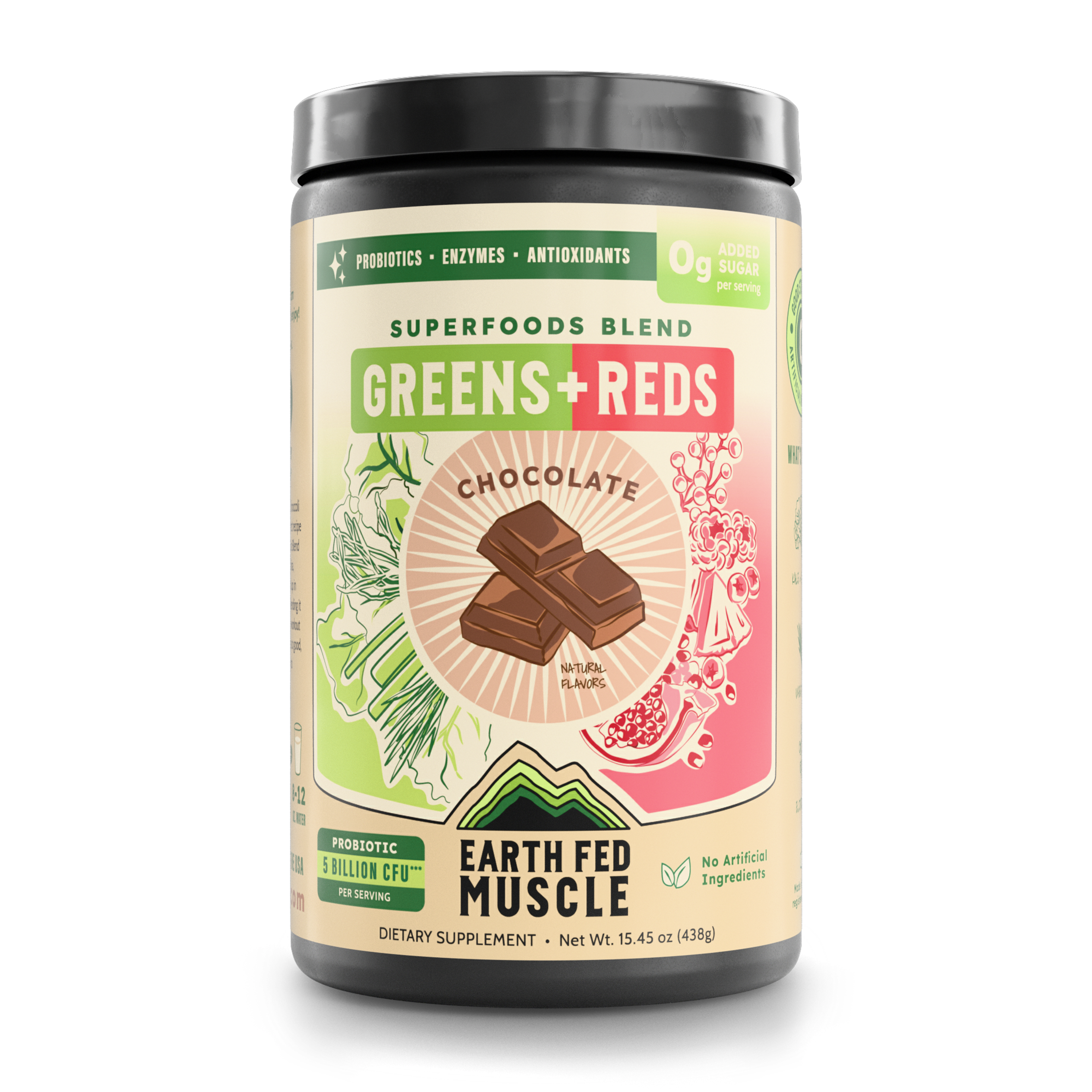 Container of Greens EFM chocolate superfoods powder