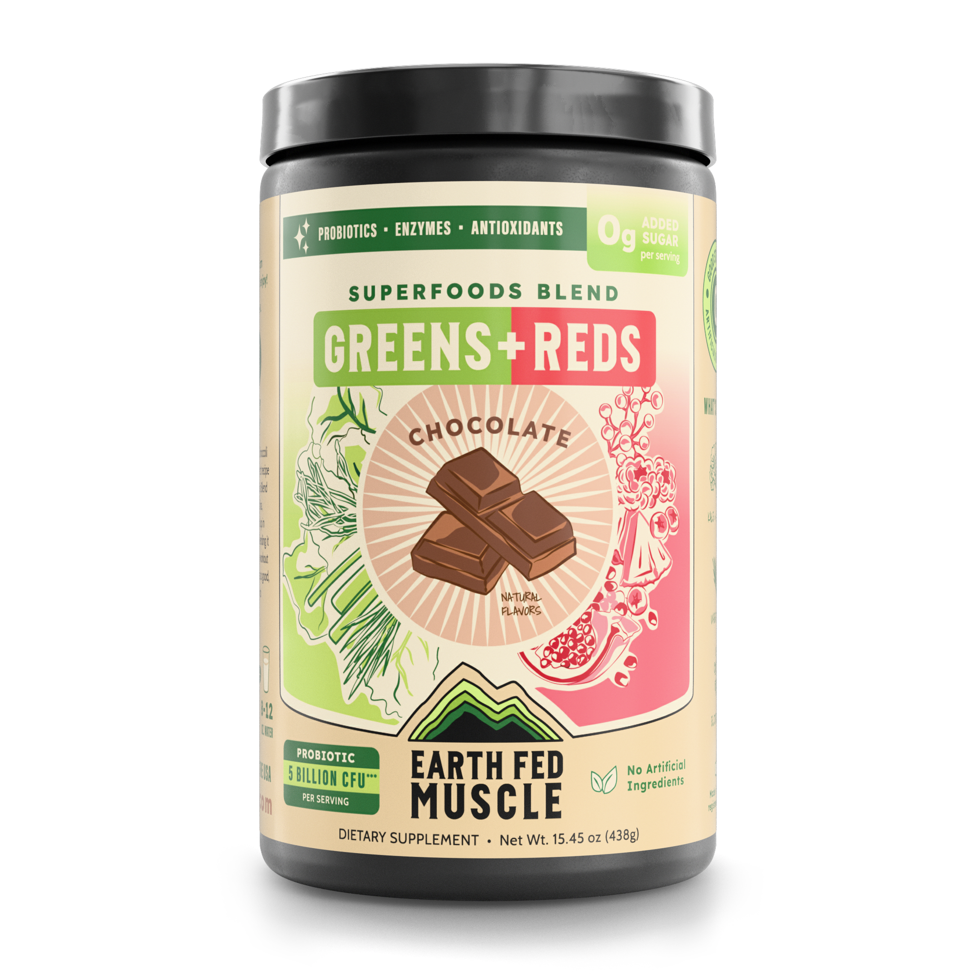 Container of Greens EFM chocolate superfoods powder