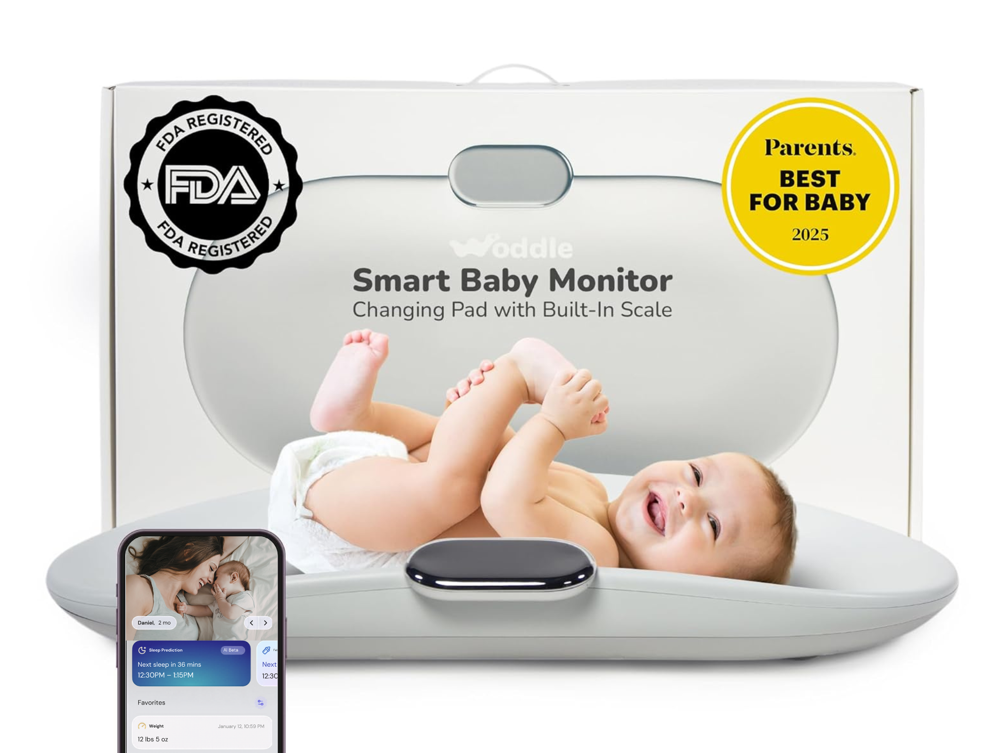Woddle Smart Baby Monitor Changing Pad with Built-In Scale, used by a smiling baby, with its FDA Registered, Parents' Best for Baby 2023 award-winning box and a smartphone displaying its app.