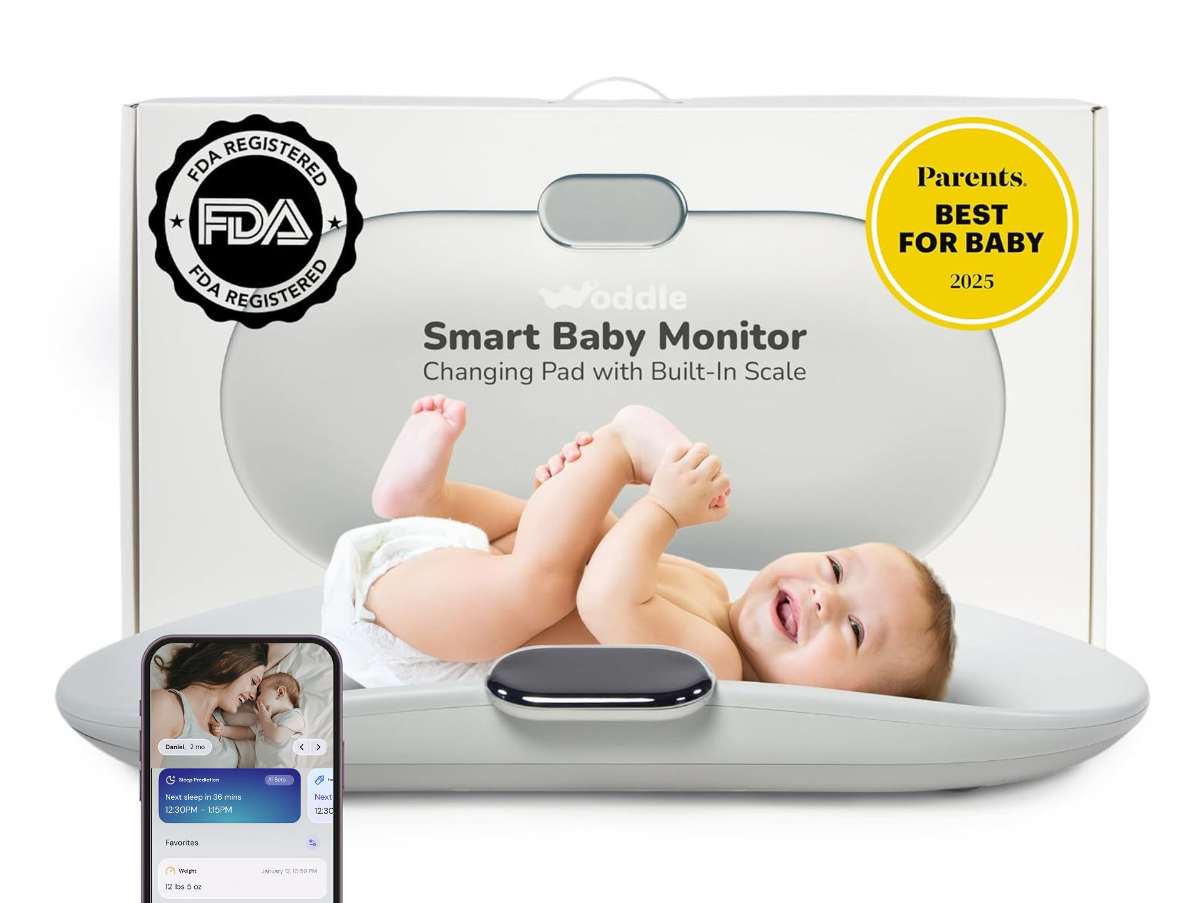 Woddle Smart Baby Monitor Changing Pad with Built-In Scale, used by a smiling baby, with its FDA Registered, Parents' Best for Baby 2023 award-winning box and a smartphone displaying its app.
