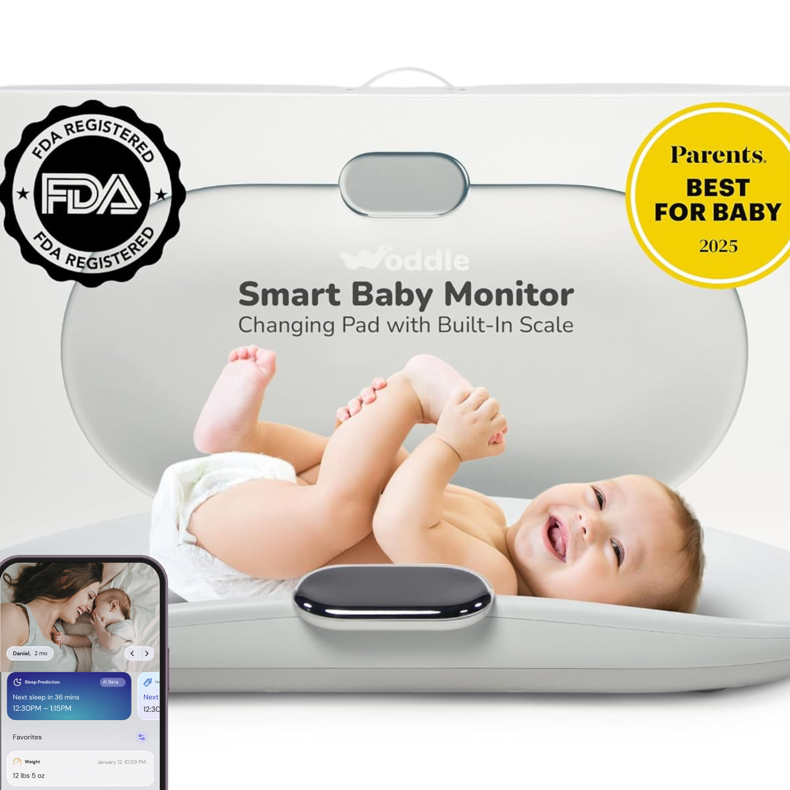 Woddle Smart Baby Monitor Changing Pad with Built-In Scale, used by a smiling baby, with its FDA Registered, Parents' Best for Baby 2023 award-winning box and a smartphone displaying its app.