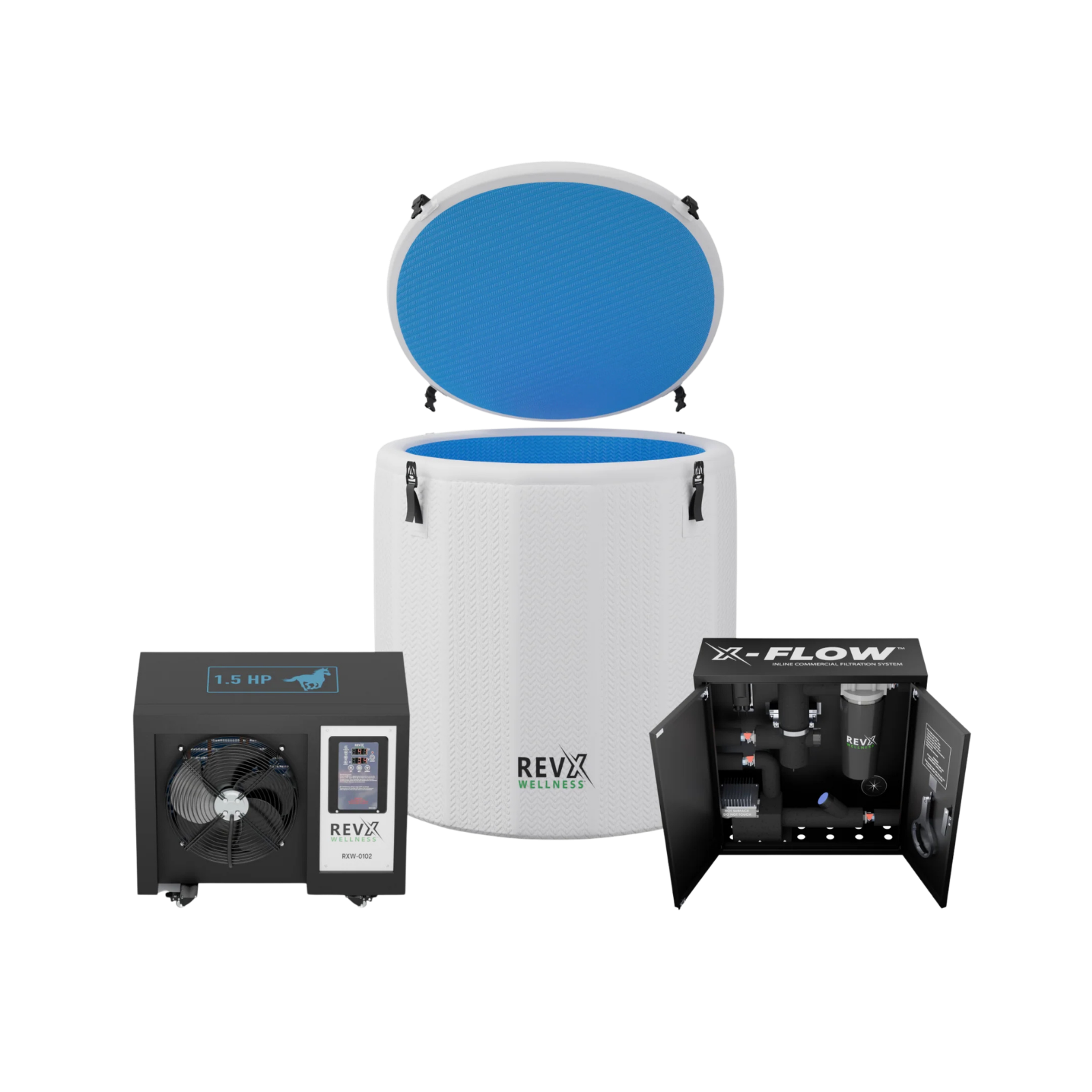 A white inflatable cold plunge tub with an open blue lid, a black chiller unit, and a black X-FLOW filtration system.