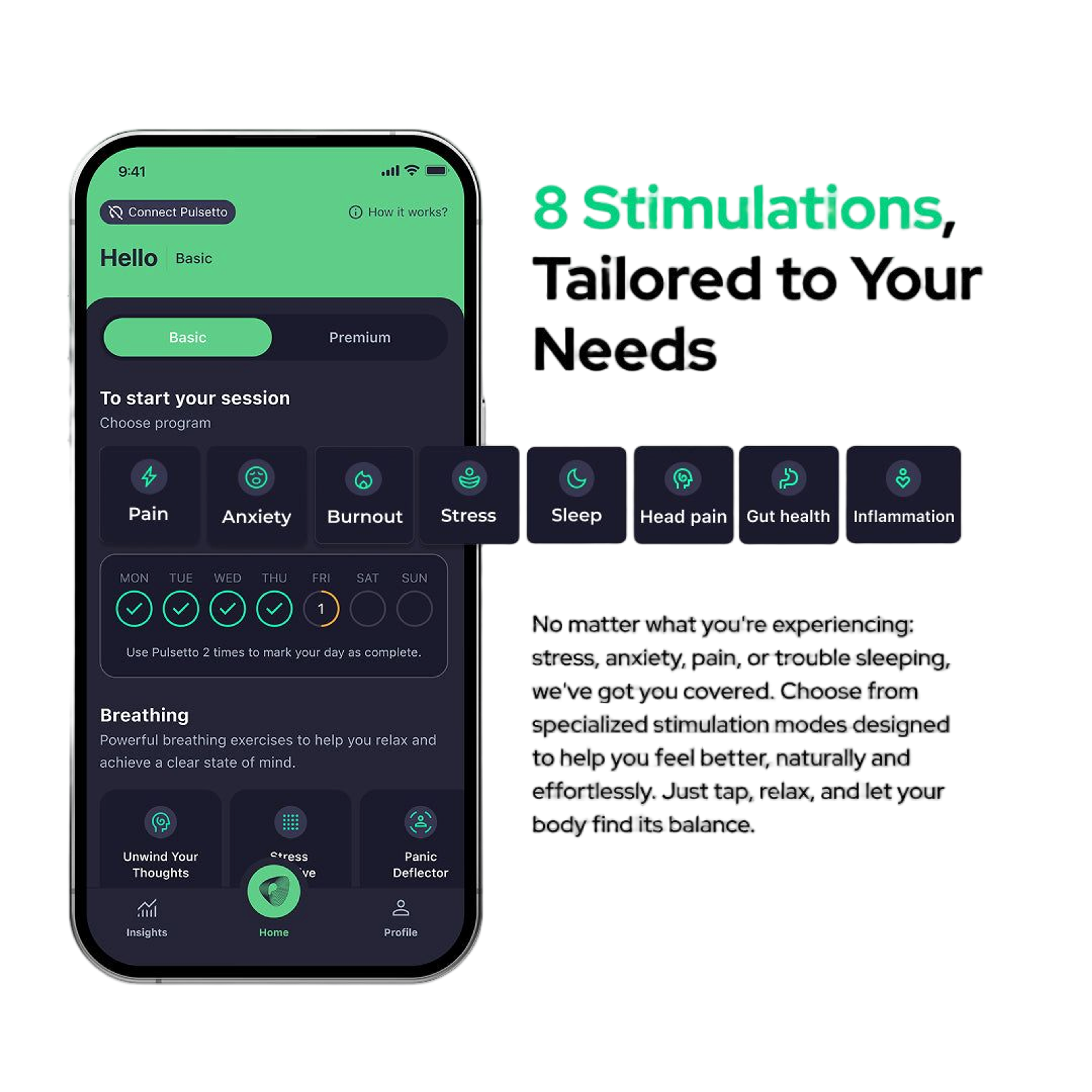 Pulsetto app interface showing program options