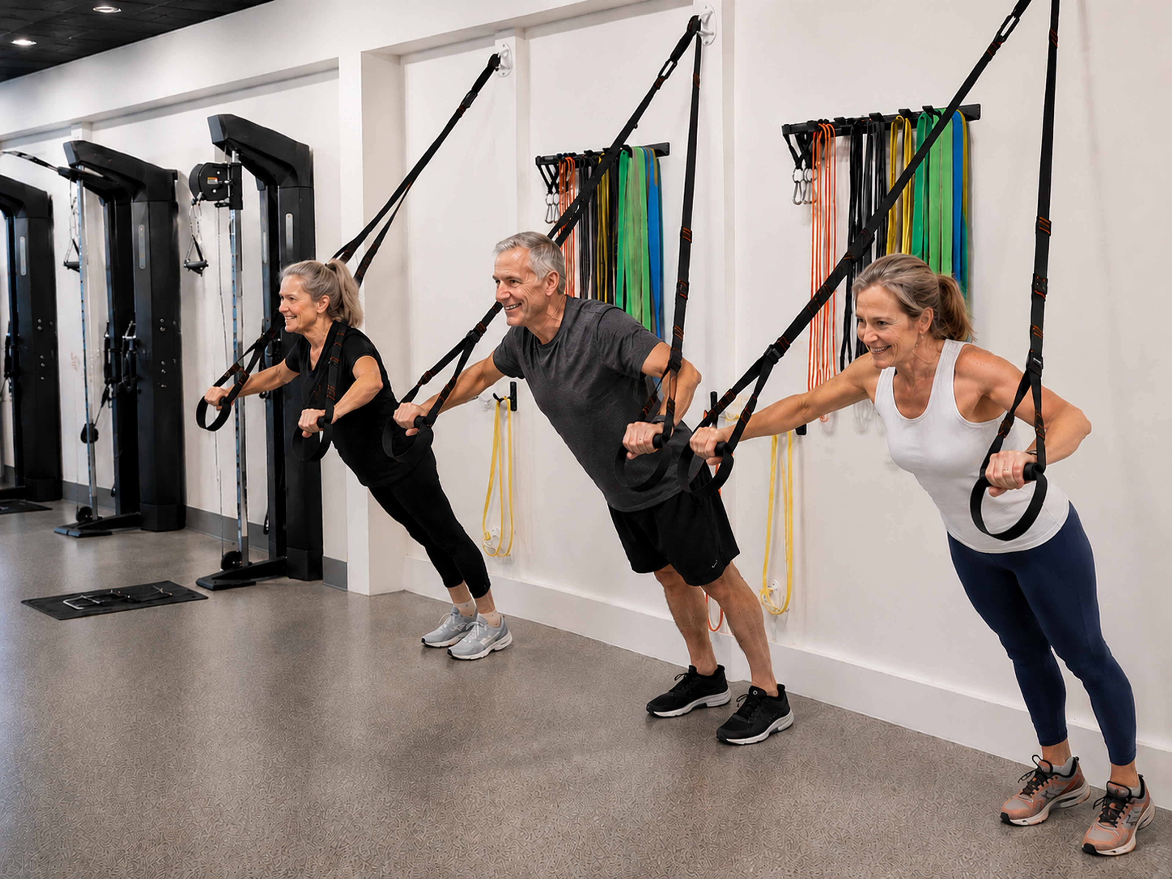 Three smiling older adults doing suspension training in a gym.