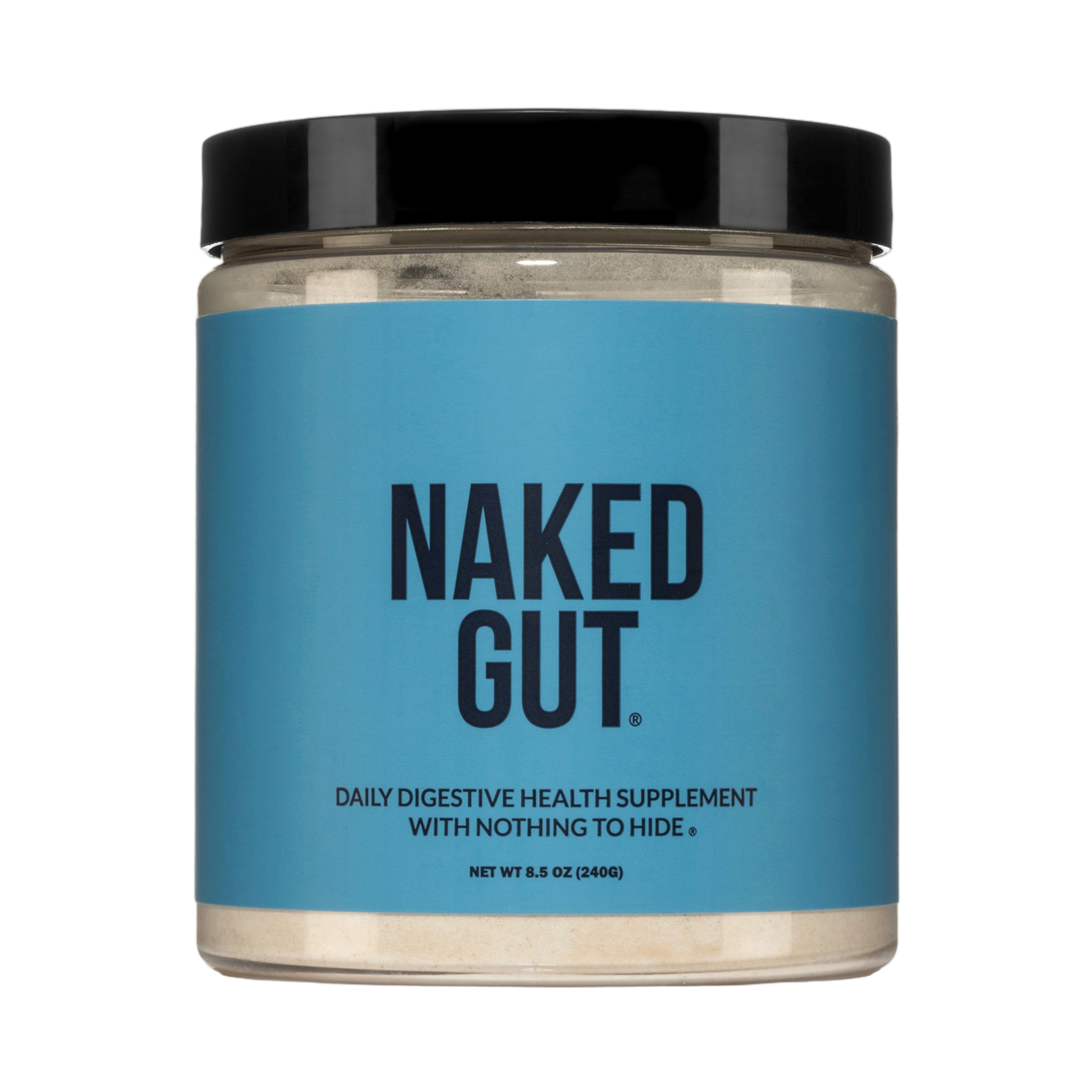 Container of Naked Gut health supplement powder