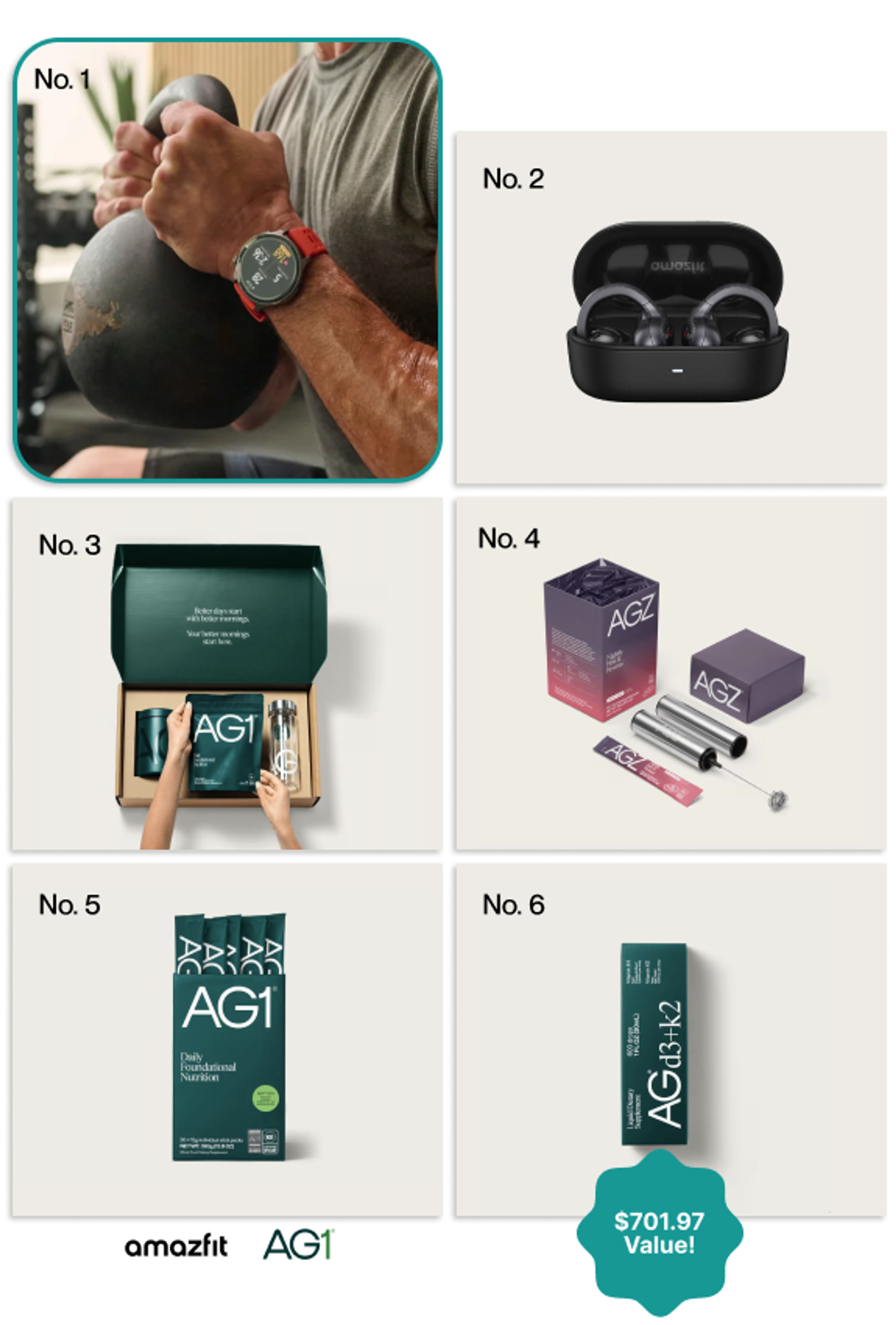 No.1: Amazfit Balance 2, No.2: Amazfit Up Earbuds, No. 3: AG1 Welcome Kit + Sub Box with Pouch, No. 4: AG1 AGZ 30ct and frother (flavor of choice),No. 5: AG1 30ct Travel Pack, No. 6: AG1 D3K2 (flavor of choice)