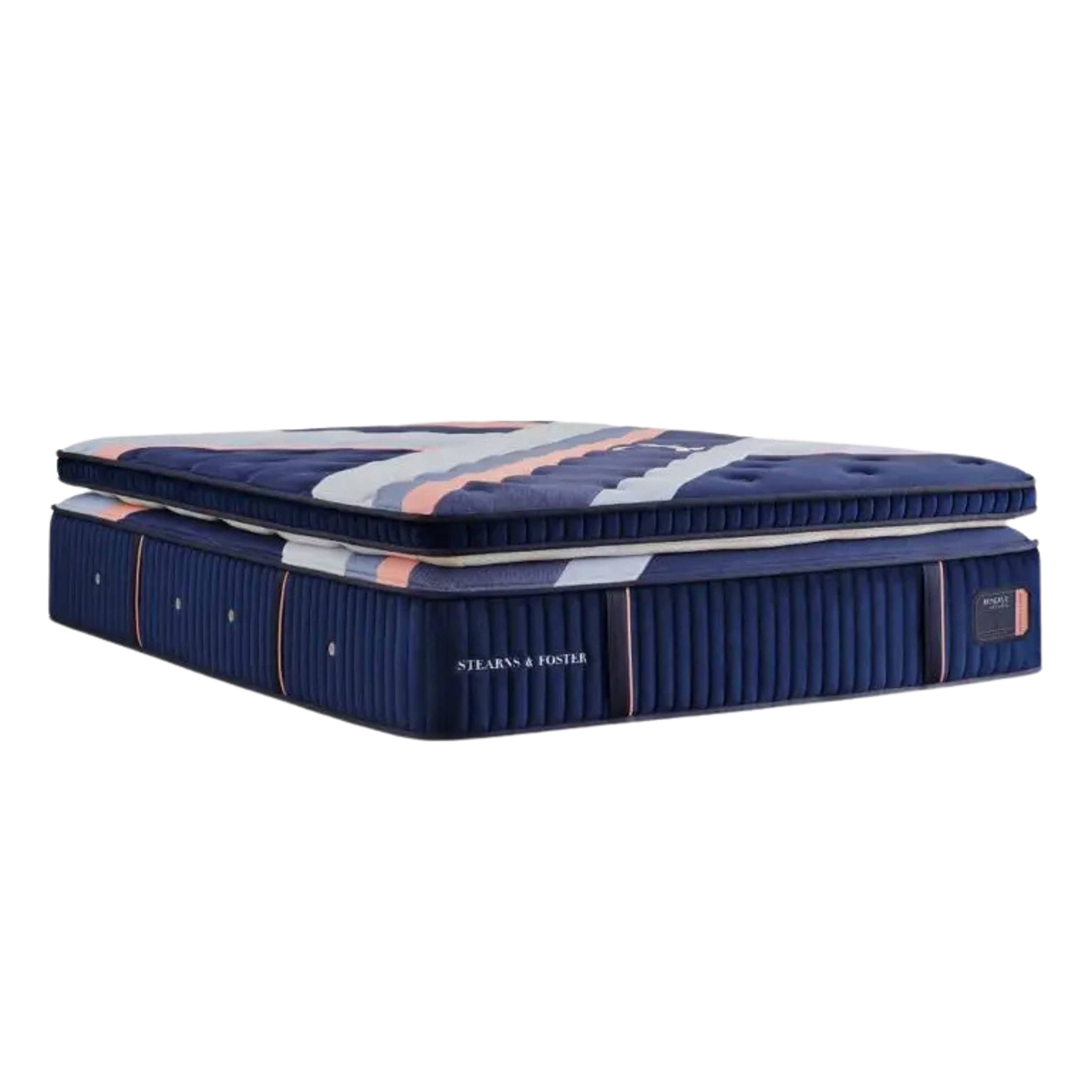 Stearns & Foster mattress with a navy blue base and a striped pillow top in white, light blue, and peach.