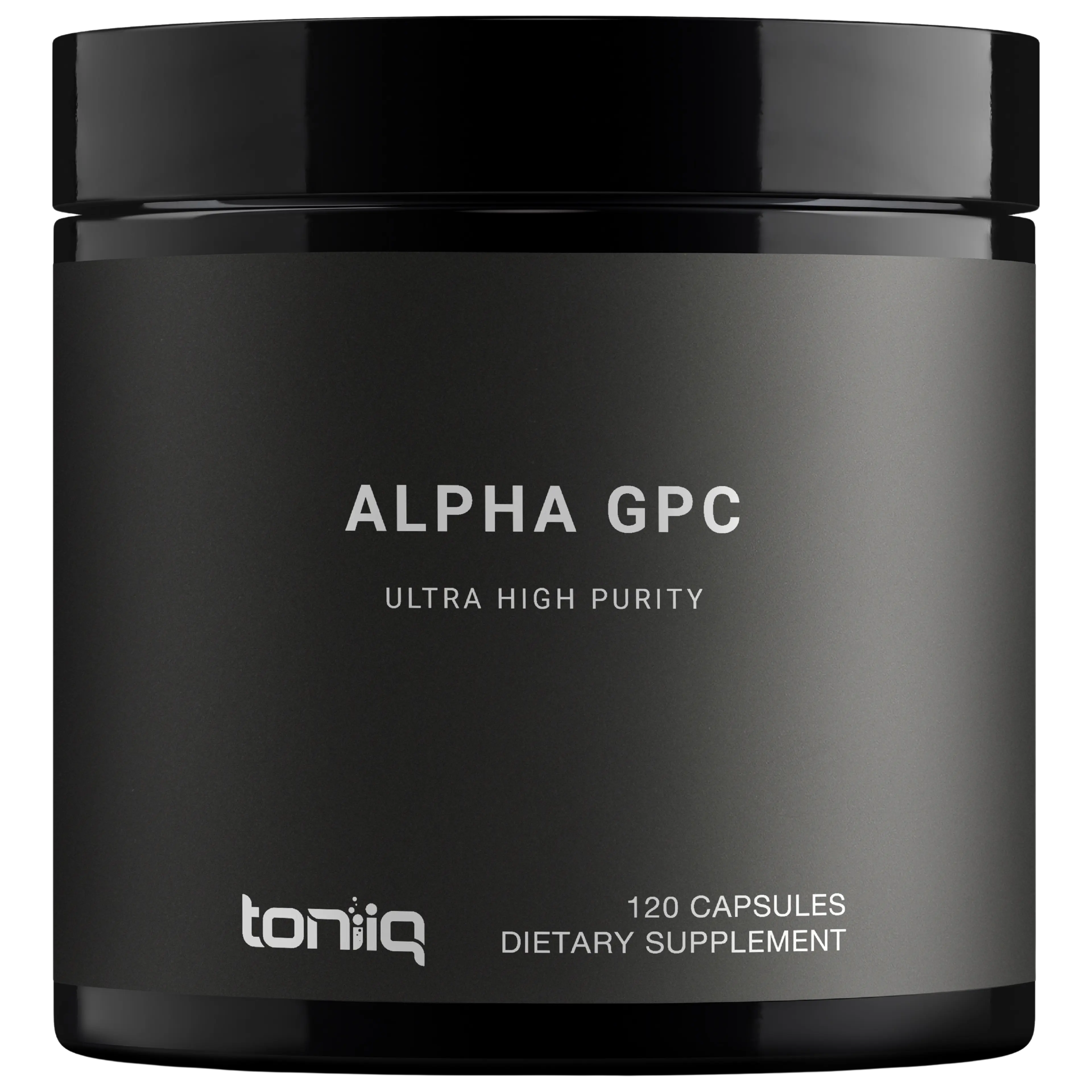 Black toniiq Alpha GPC dietary supplement jar, labeled "Ultra High Purity" and "120 Capsules."