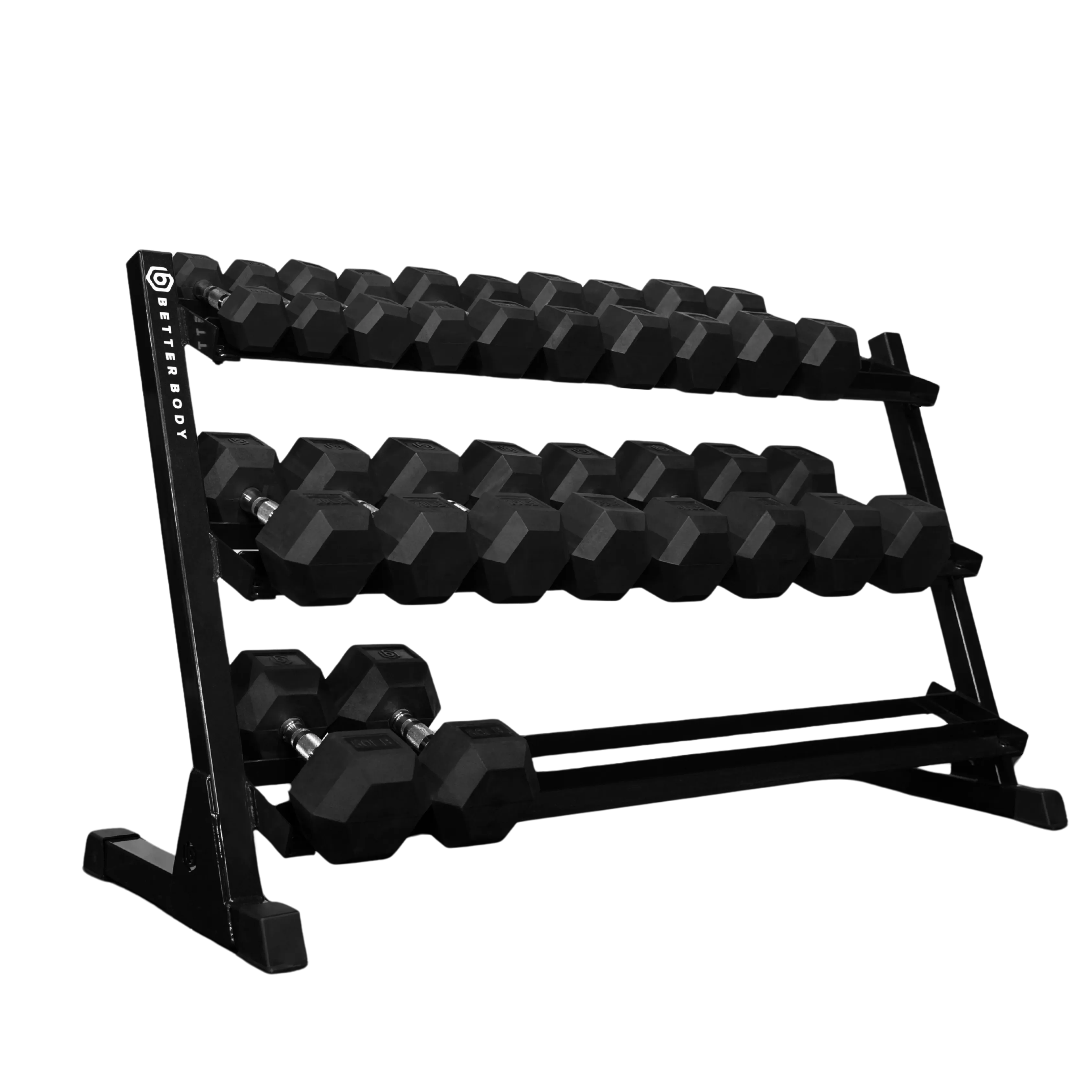 Rubber hex dumbbell set with weight rack, 5 to 50 pounds